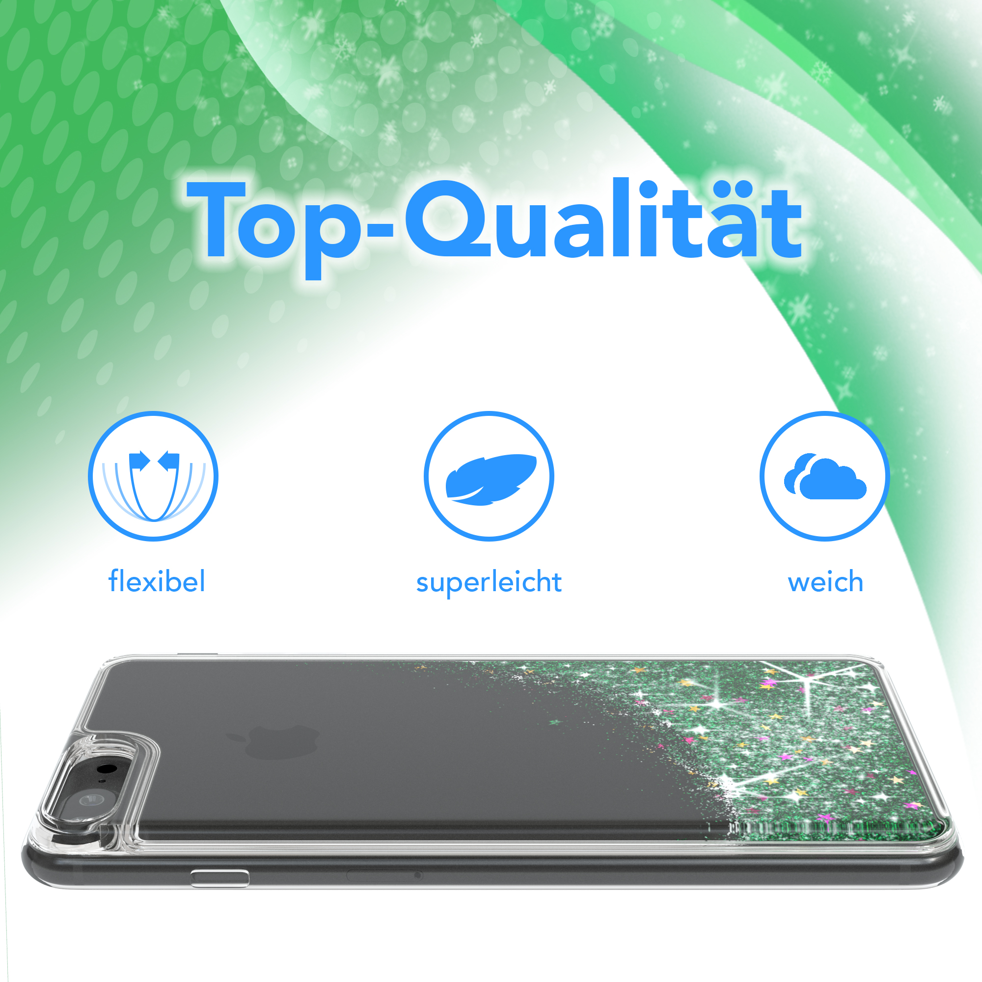 Eine Handyhülle mit grünem Glitzereffekt und dem Schriftzug Top-Qualität.