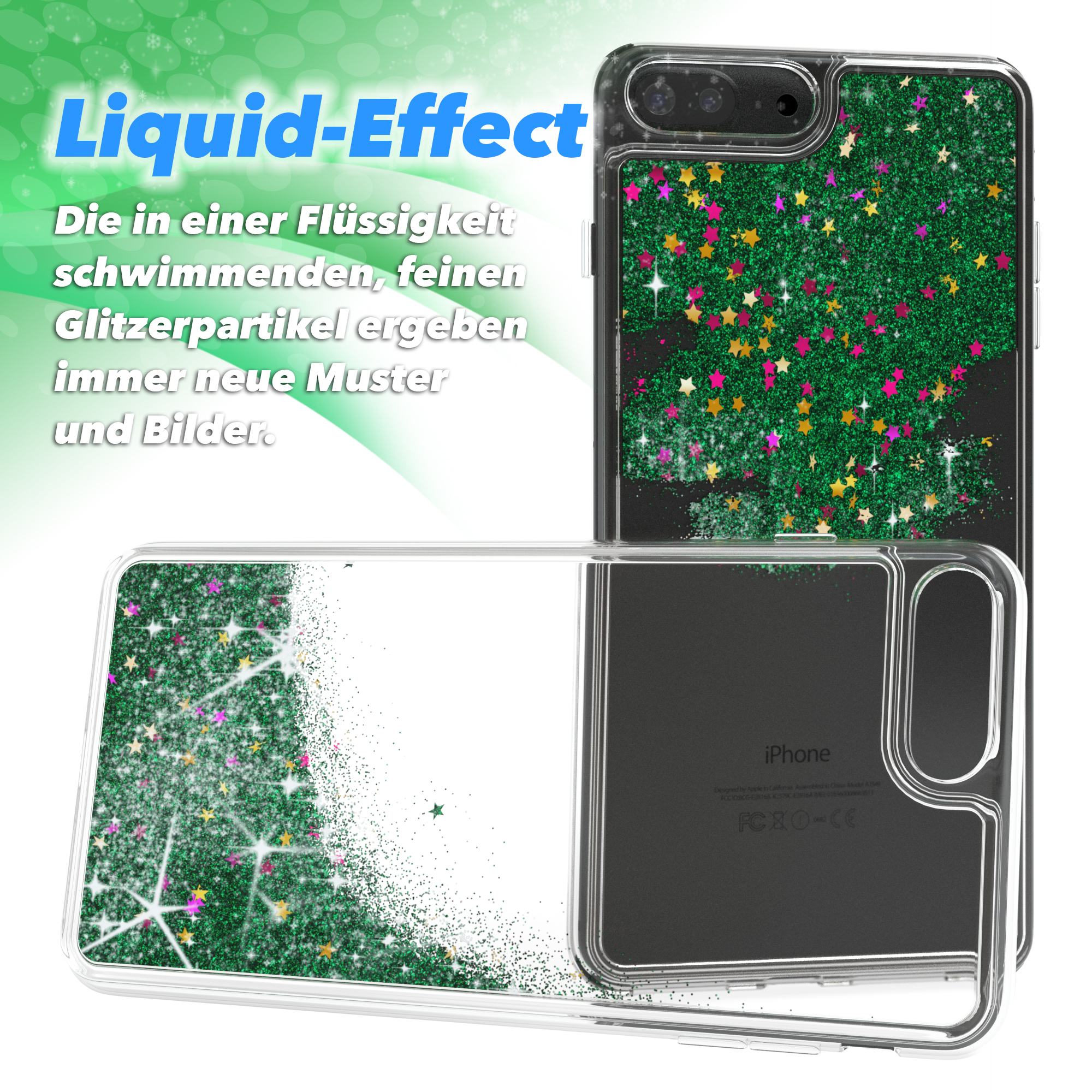 Smartphone-Hülle mit Flüssigkeitsglitter, grünem Glitzer und rosa Sternen, über einem Telefon.