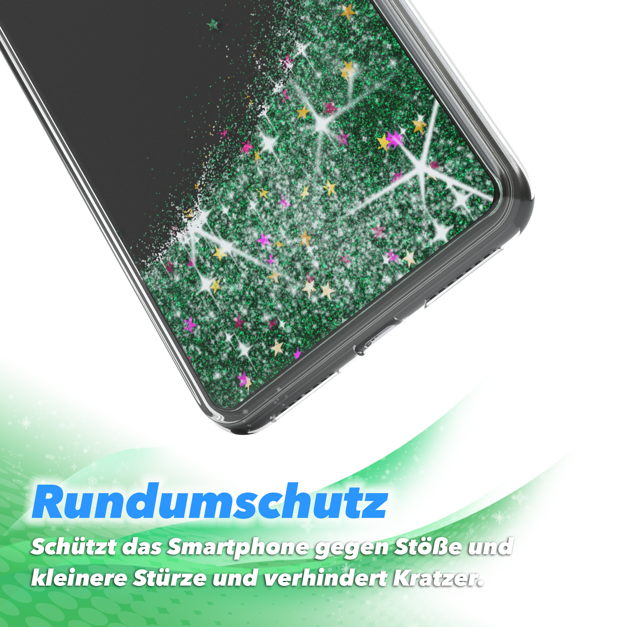 Nahaufnahme einer Handyhülle mit grünem Glitzer-Design. Text: Rundumschutz, schützt vor Stößen und Kratzern.
