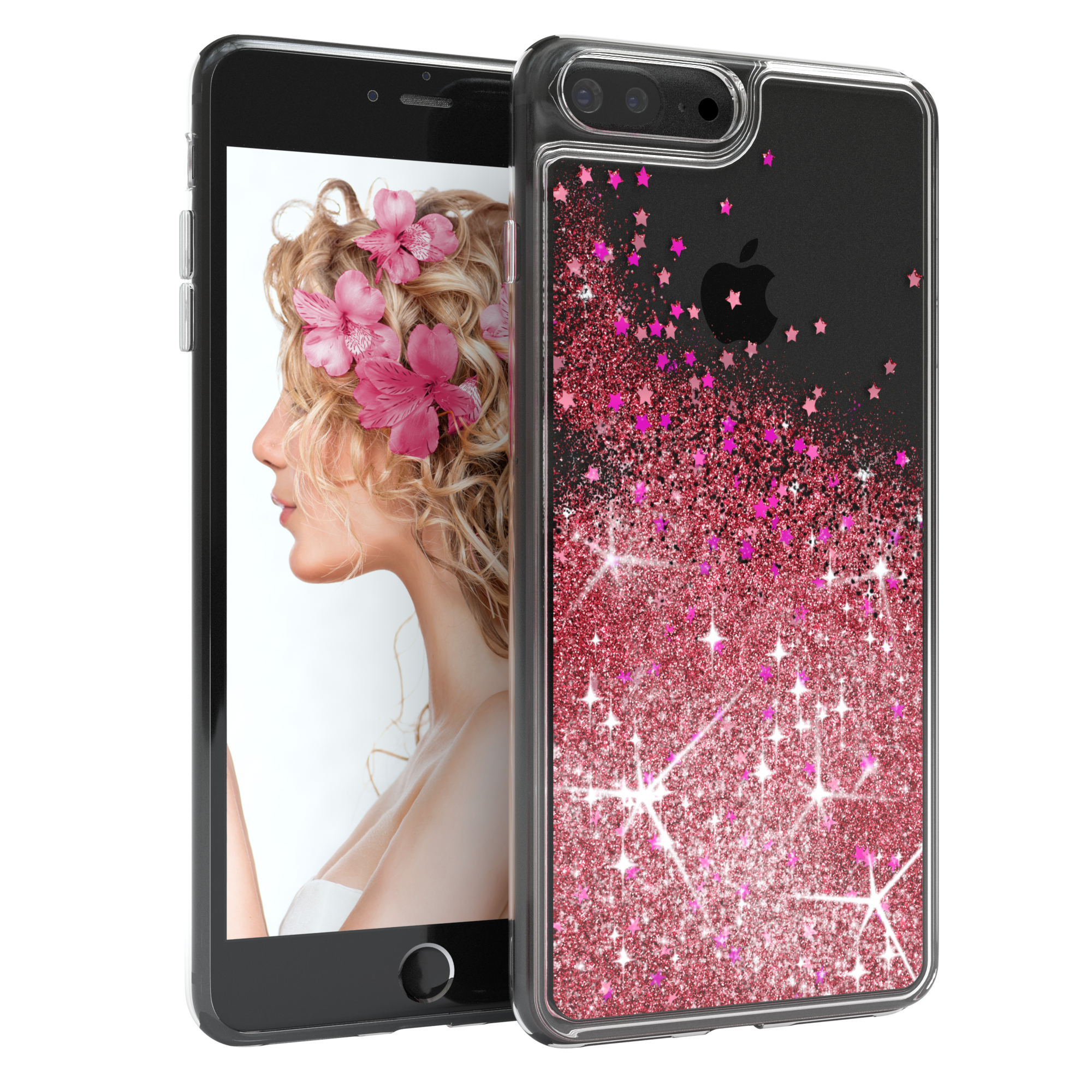 Ein Telefon in Glitzerhülle und eine Frau mit Blumenschmuck im Haar.