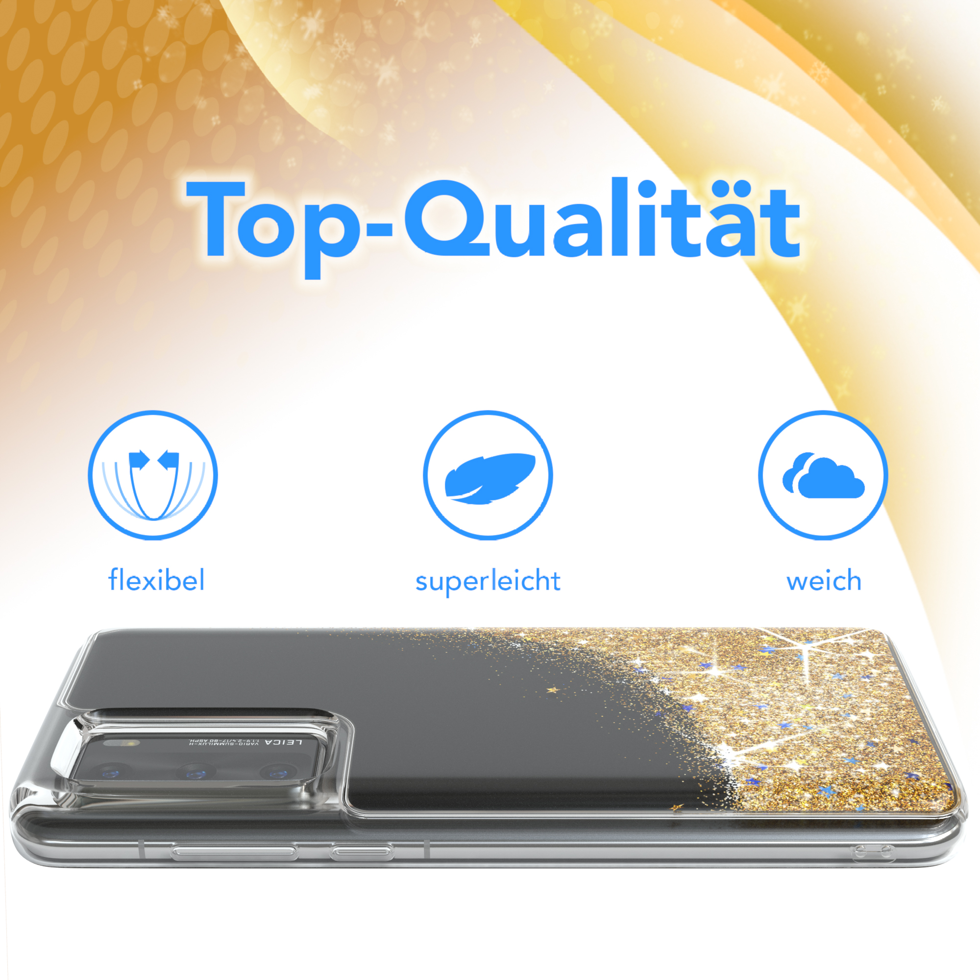 Handyhülle mit goldenem Glitzer. Oben steht 'Top-Qualität'. Es gibt drei Symbole. Der Hintergrund ist Gold und Weiß.