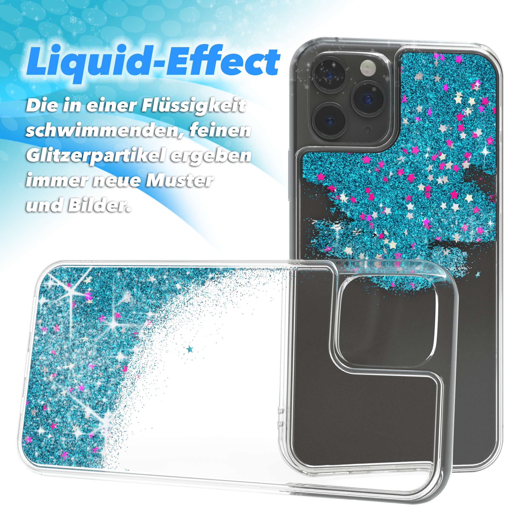 Handyhülle mit Flüssigkeitseffekt. Blauer Glitzer und Sterne in der Hülle, auf weißem Grund.