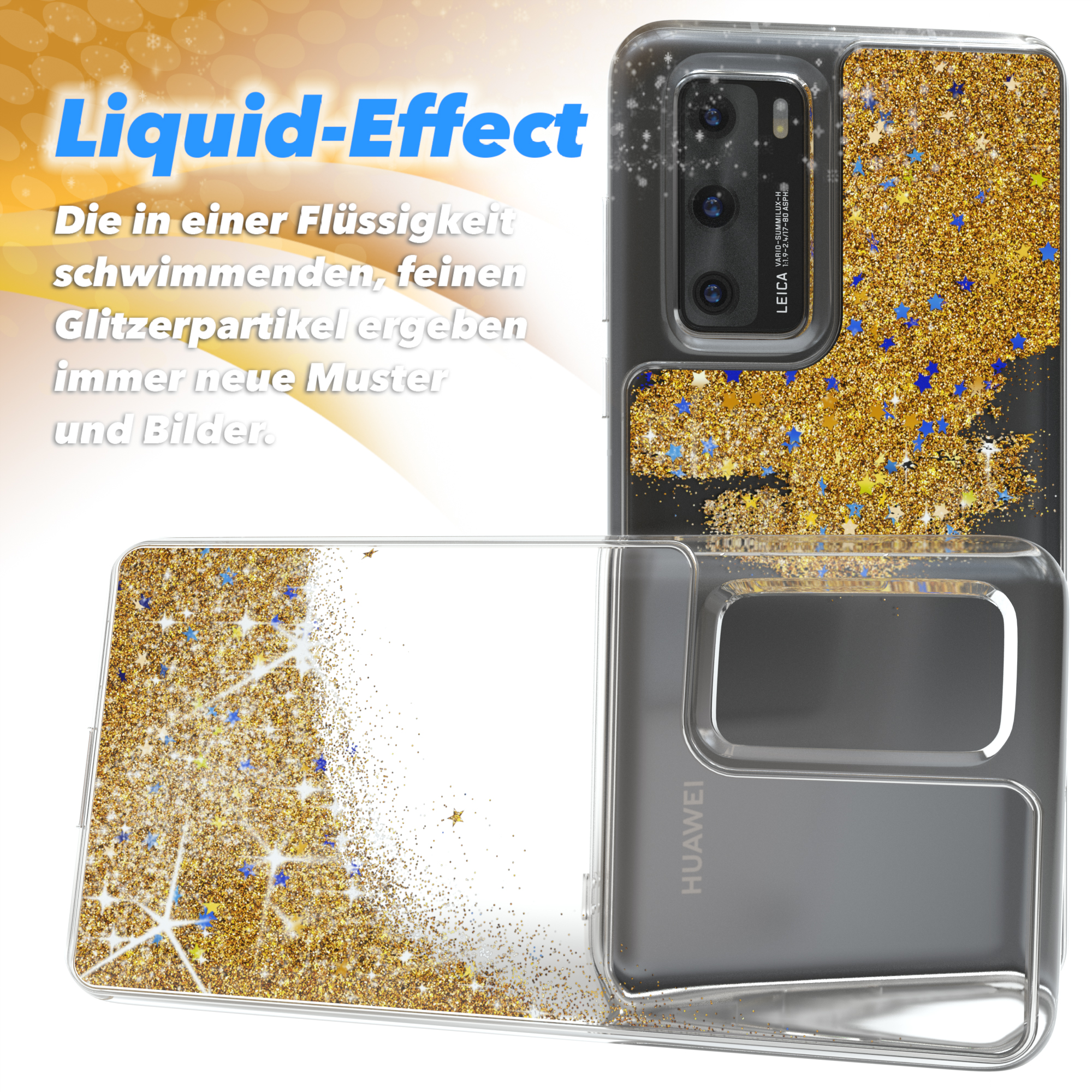 Eine Handyhülle mit goldenem Glitzer, mit einem Telefon darin. Weißer Hintergrund.