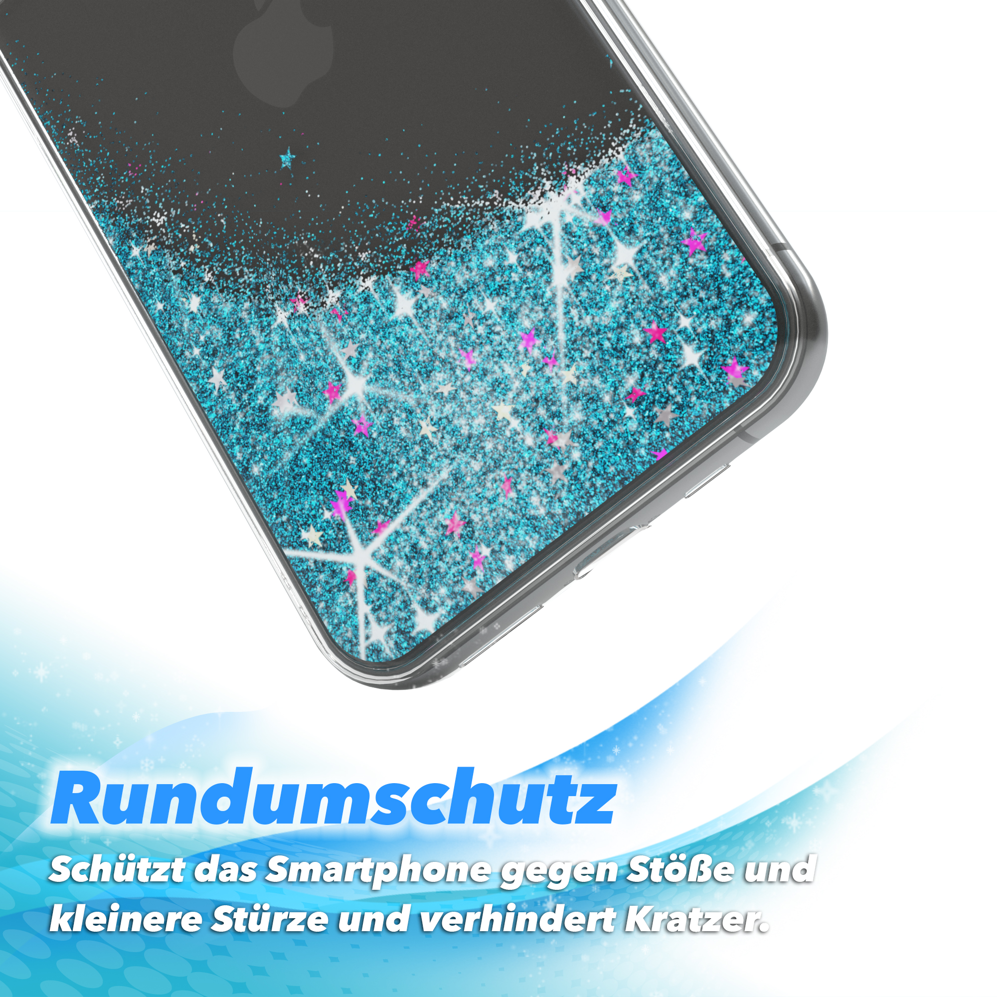 Nahaufnahme einer Handyhülle mit blauem Glitzer und rosa Sternen, für Telefon Schutz.
