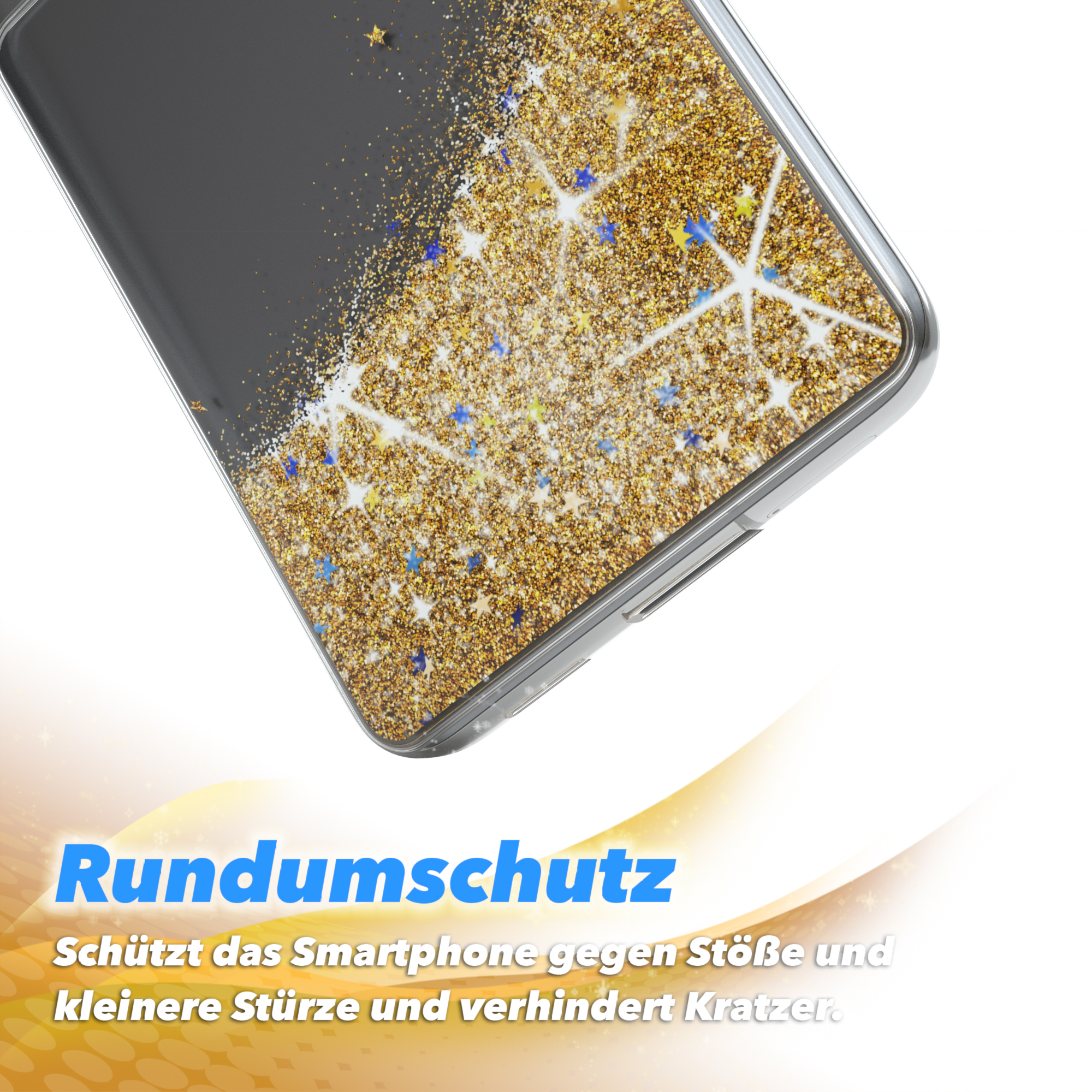 Handyhülle mit goldenem Glitzer und Sternen. Das Telefon ist in der Hülle. Weißer Hintergrund.