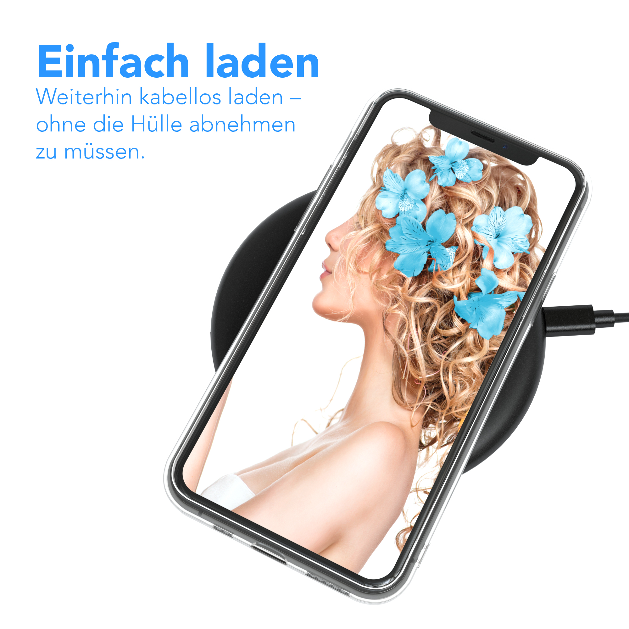 Telefon, das auf einem kabellosen Pad aufgeladen wird. Der Bildschirm zeigt eine Frau mit Blumen.