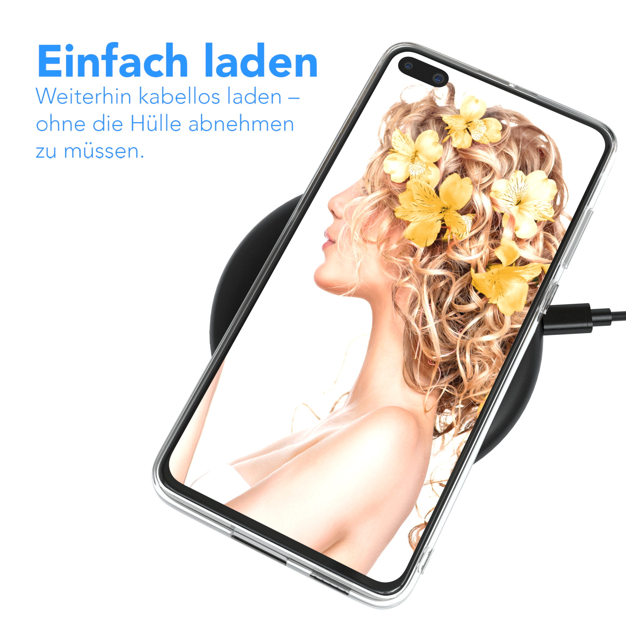 Smartphone auf kabellosem Ladegerät. Auf dem Bildschirm ist das Gesicht einer Frau mit gelben Blumen.