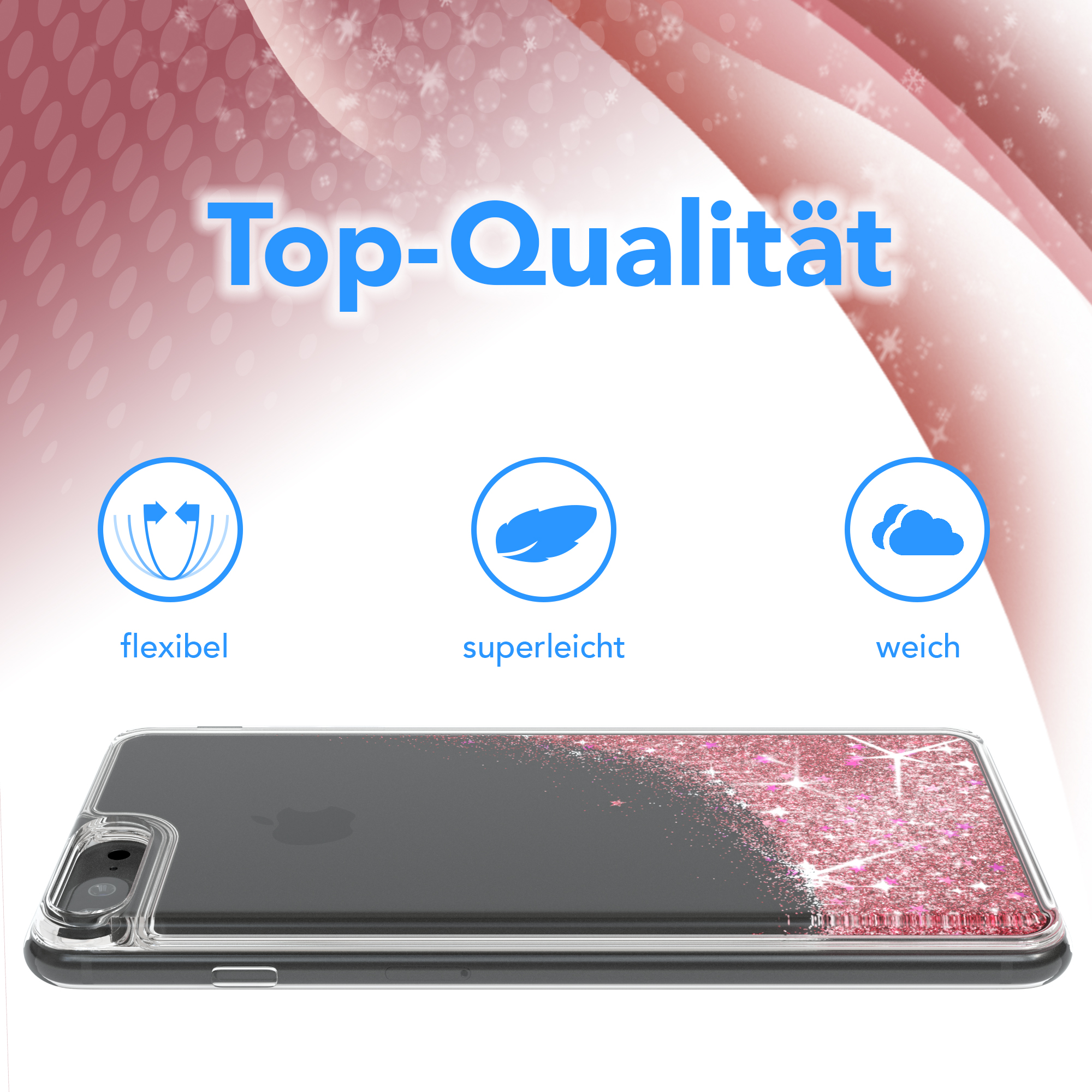 Handyhülle mit Glitzerdesign. Die Hülle ist transparent, der Glitzer rosa, auf rosa Hintergrund.