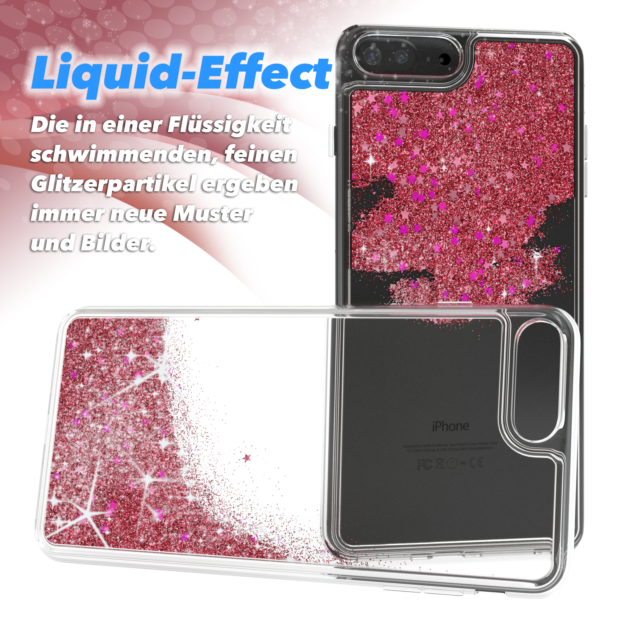 Eine Handyhülle mit Flüssigkeits-Glitzer-Effekt. Die Hülle hat pinkfarbenen Glitzer.