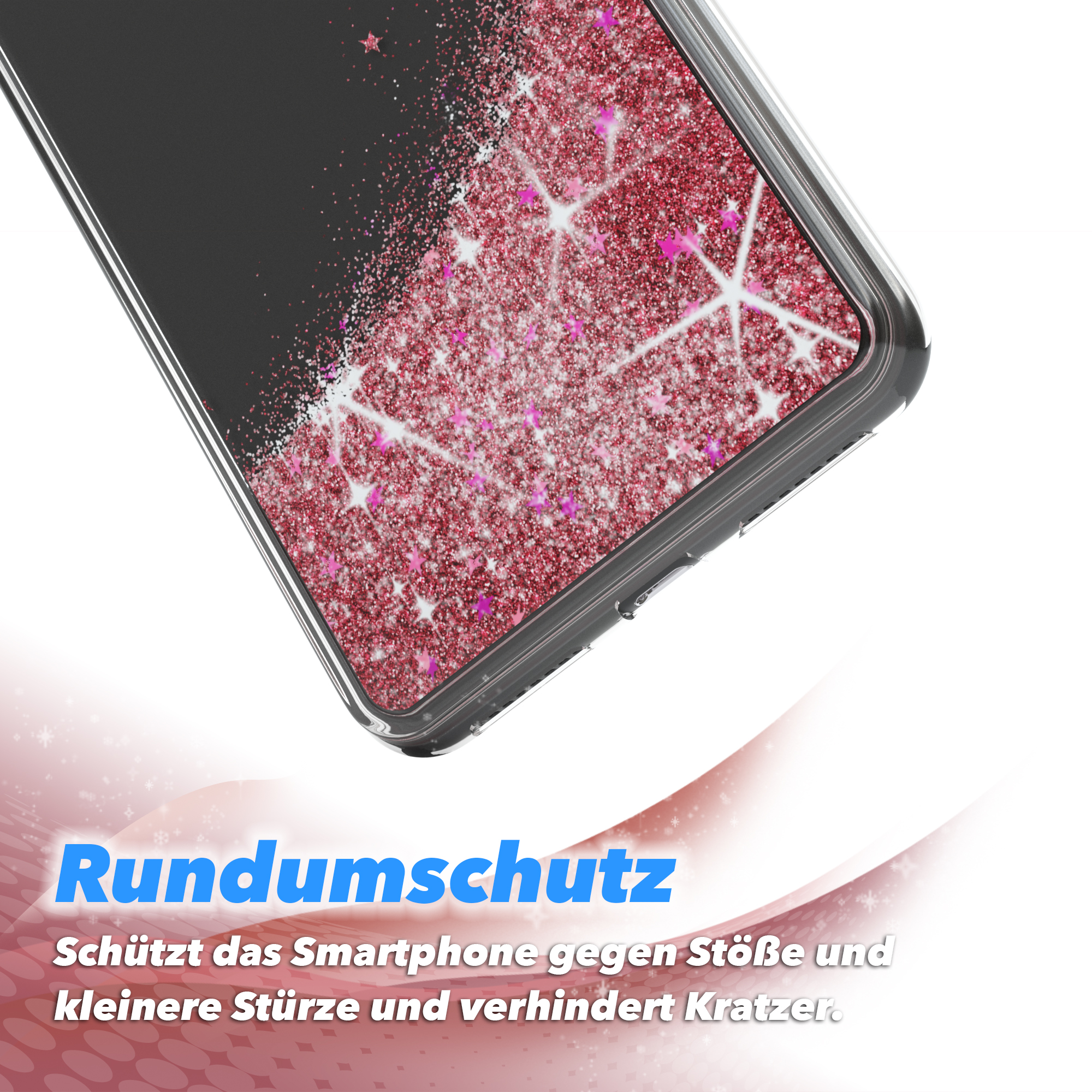 Smartphone-Hülle mit Glitzerdesign, rosa und schwarz, mit Text.