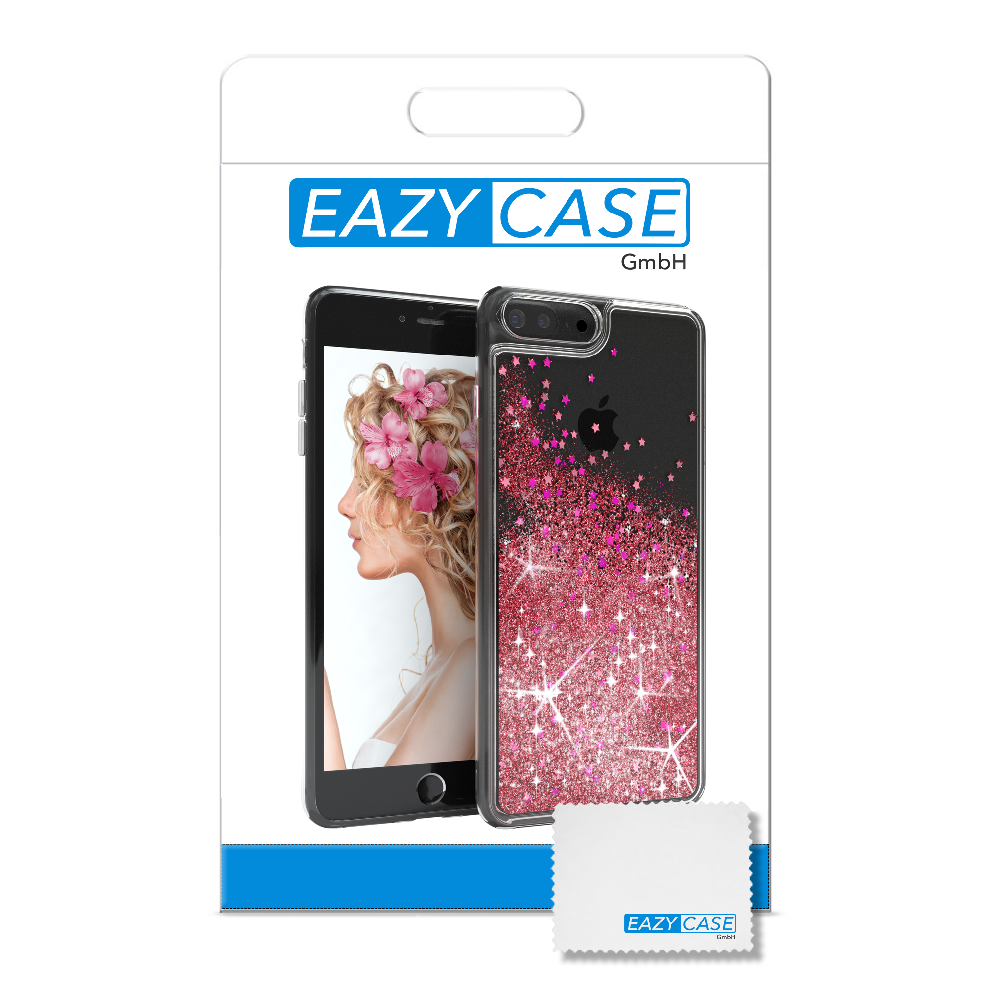 Eine Handyhülle mit einer Frau darin. Das Etui befindet sich in einer Box mit der Aufschrift 'EAZY CASE'.