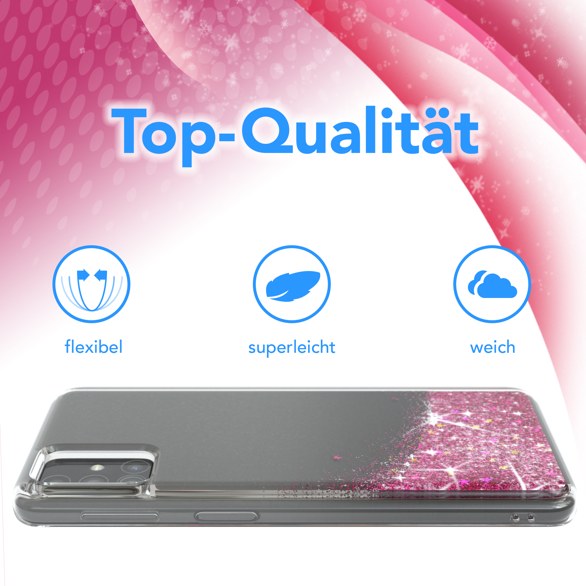 Eine Handyhülle mit rosa Glitzer und einem Telefon darin. Der Hintergrund ist hellrosa.