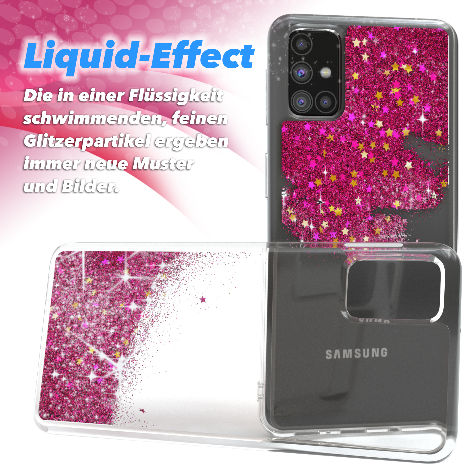Ein Telefon mit einer transparenten Hülle mit rosa Glitzer und Sternen.