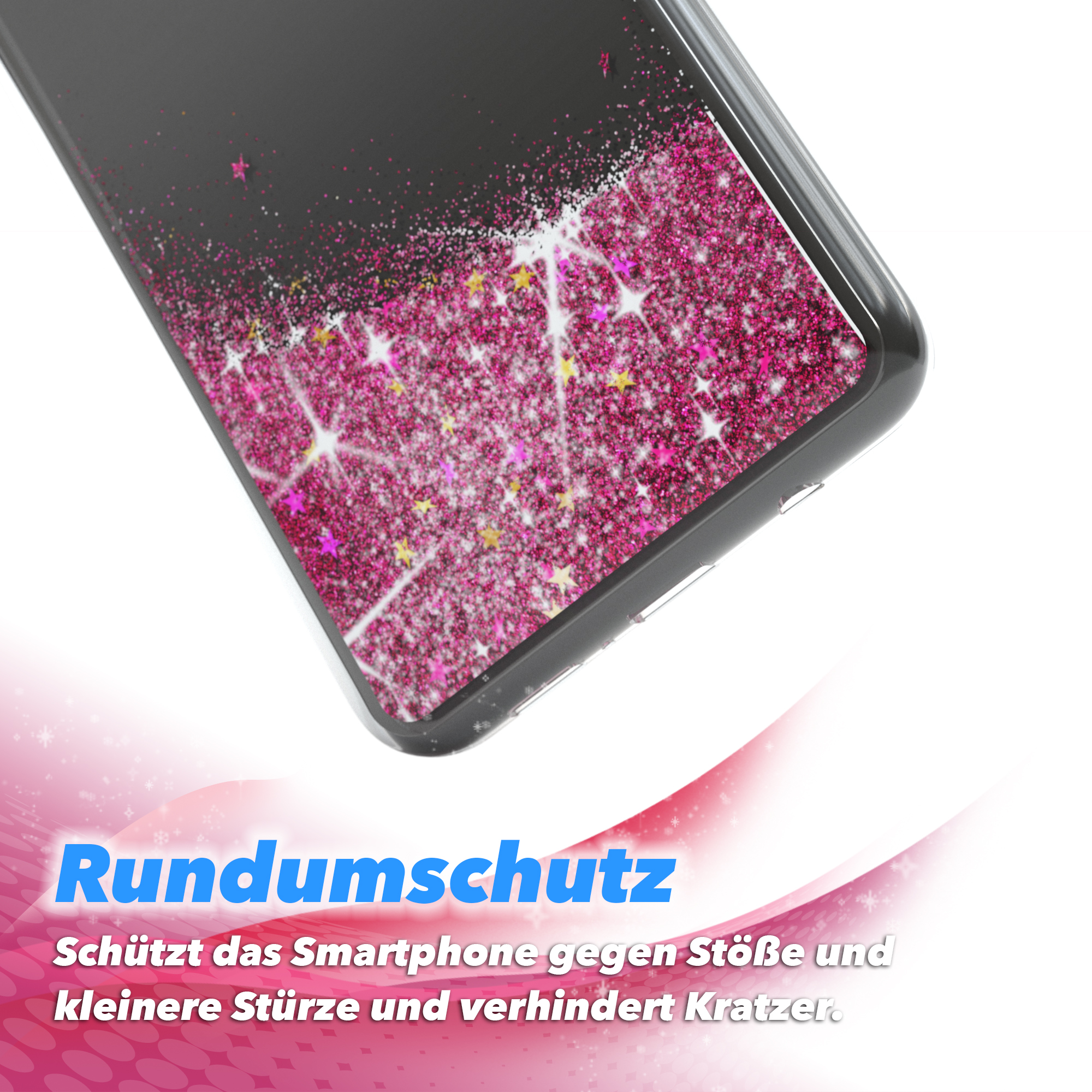 Nahaufnahme einer Handyhülle mit rosa Glitzer und Sternenmuster auf weißem Hintergrund mit rosa Welle.