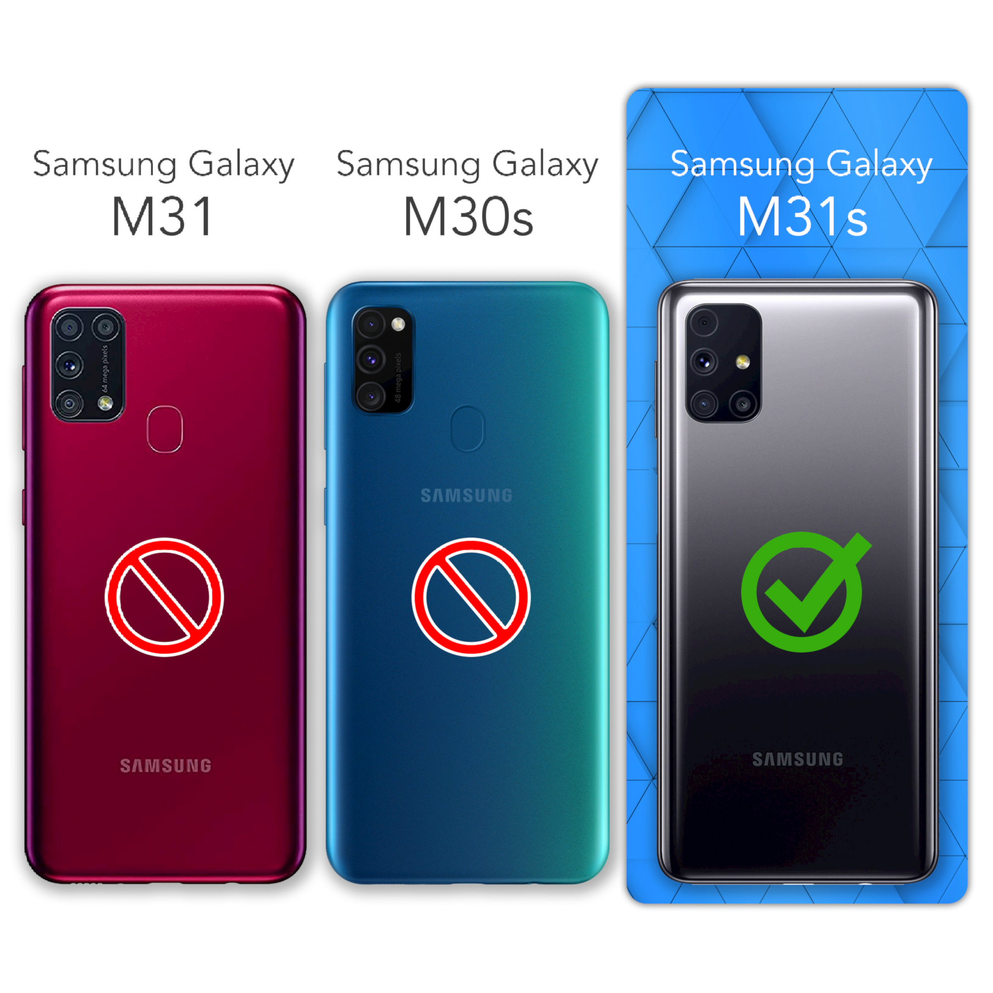Drei Handys: Rotes M31, blaues M30s ohne Haken und graues M31s mit Haken. Weißer Hintergrund.