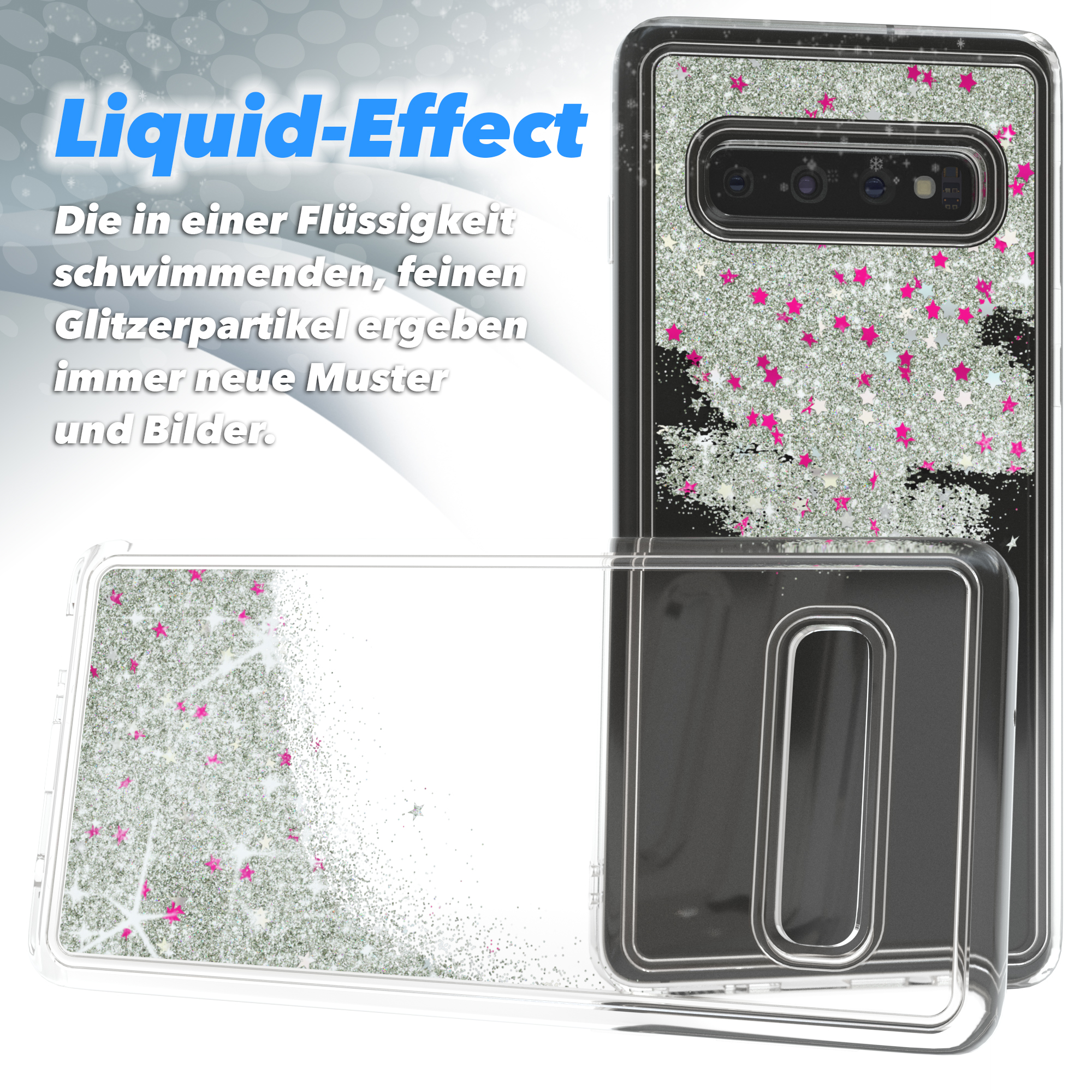 Transparente Hülle mit silbernem Glitzer und rosa Sternen, Flüssig-Effekt.
