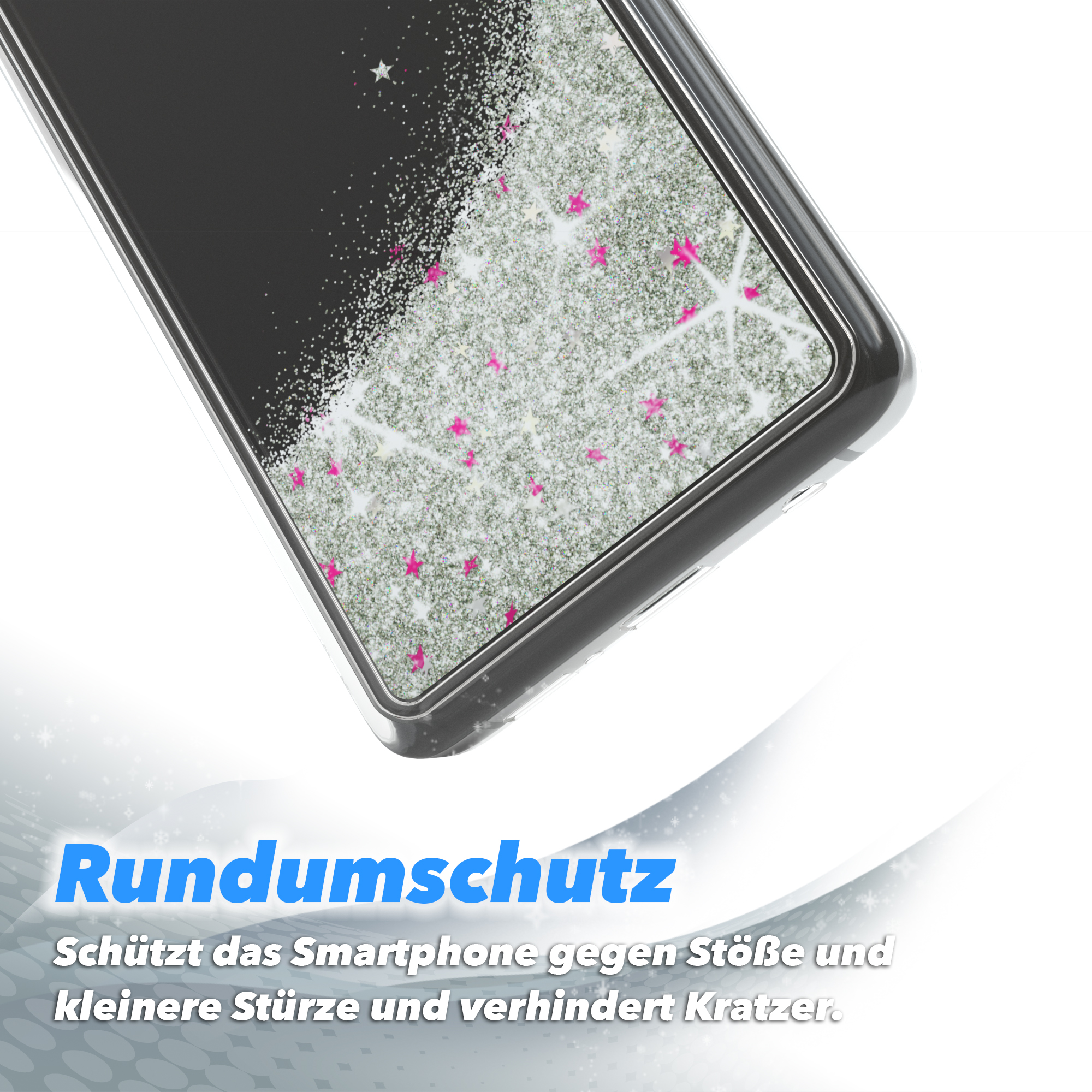 Transparente Handyhülle mit silbernem Glitzer und pinken Sternen. Der Hintergrund ist weiß.