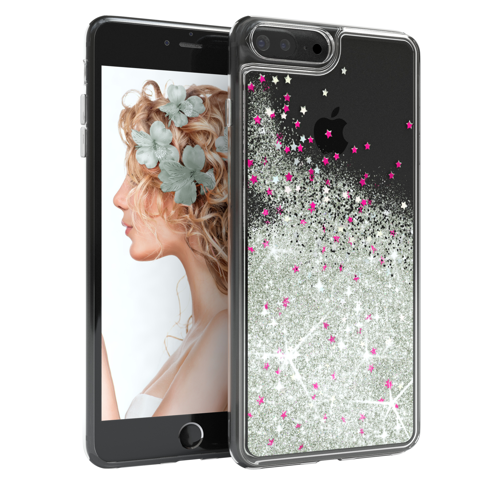 Telefon mit klarer Hülle mit Glitzerdesign und Frau mit Blumen auf dem Bildschirm.