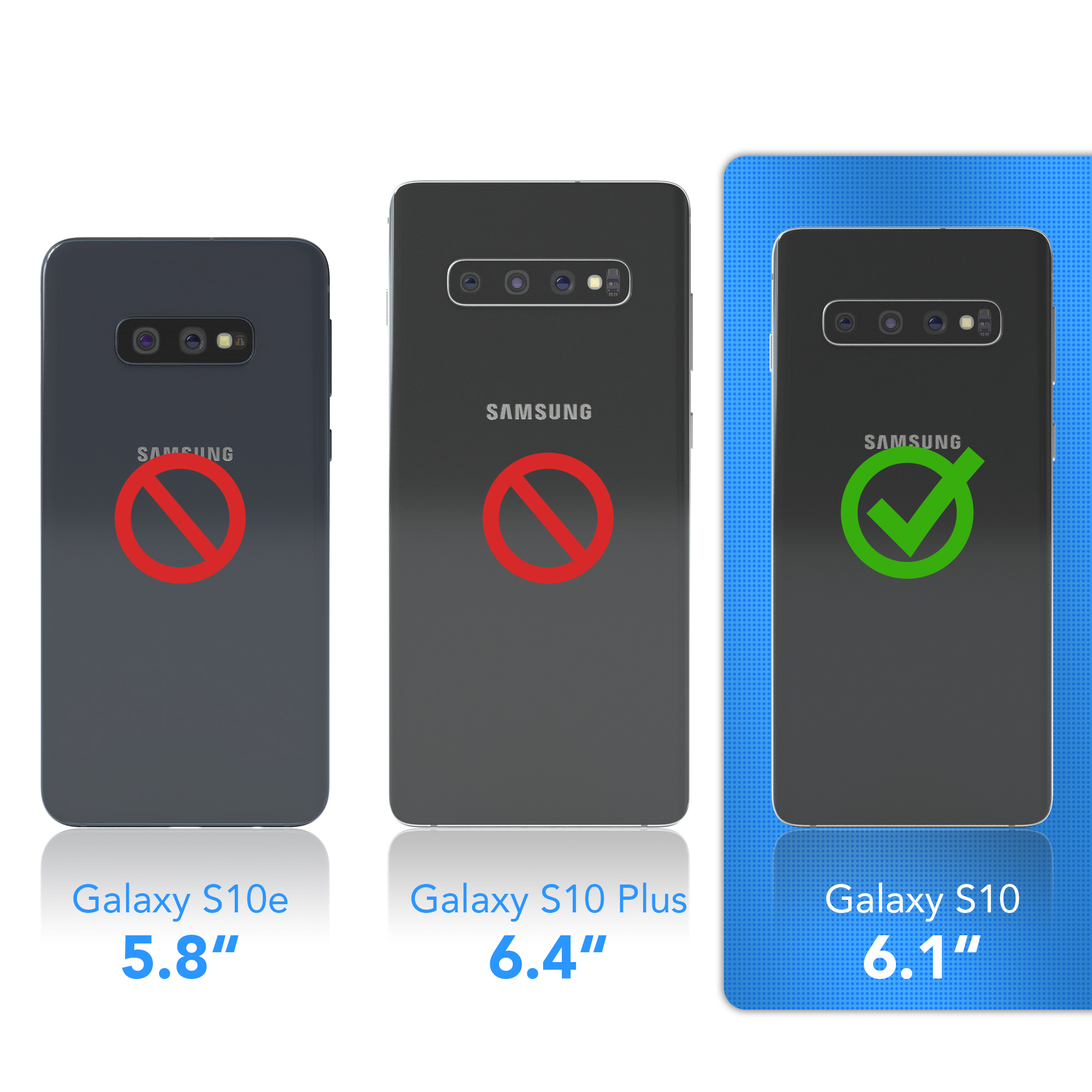 Drei Telefone. Samsung Galaxy Modelle. S10e, S10 Plus, S10. Rotes X auf zwei, Haken auf einem. Blauer Hintergrund.