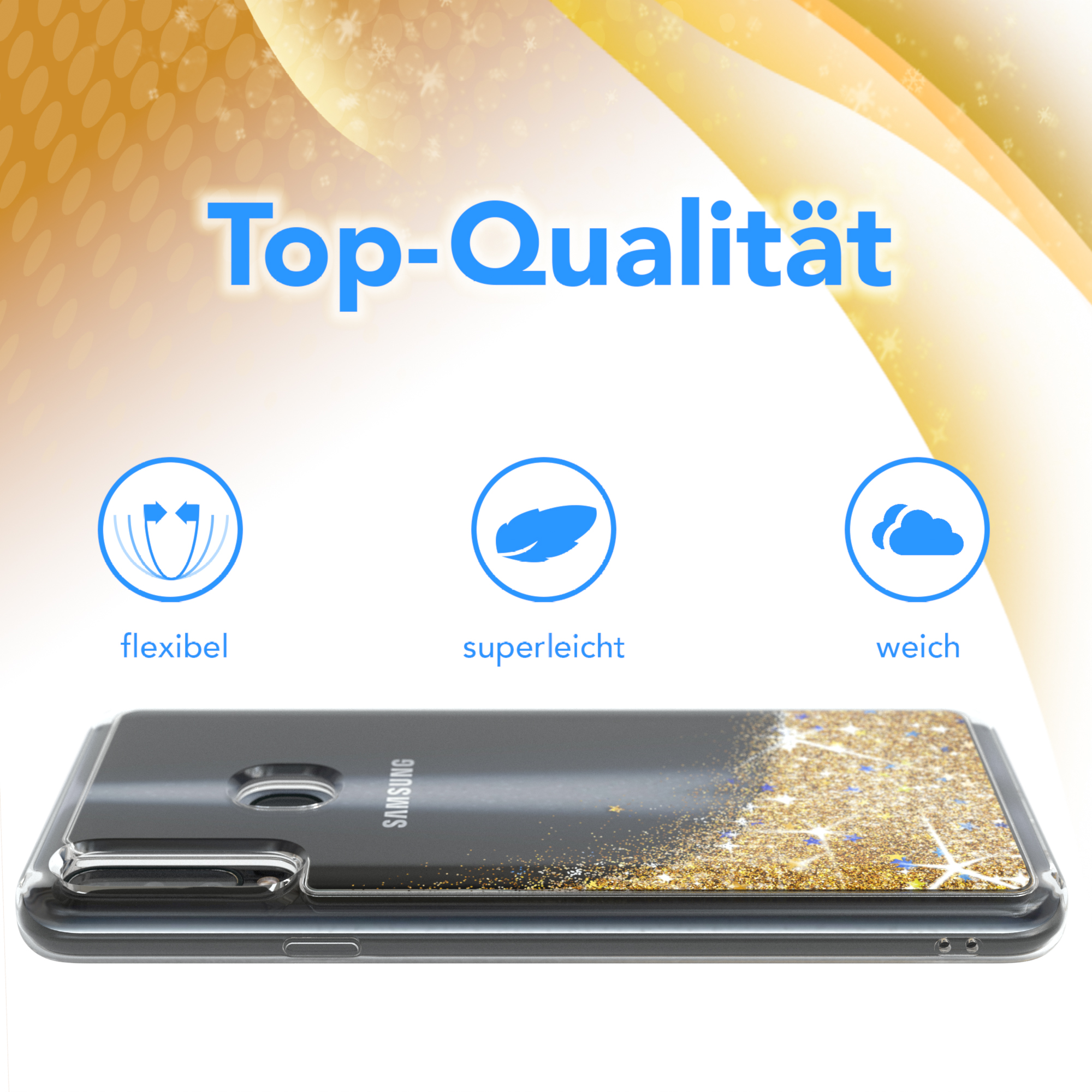 Handyhülle mit Glitzer, Text 'Top-Qualität' und Icons.