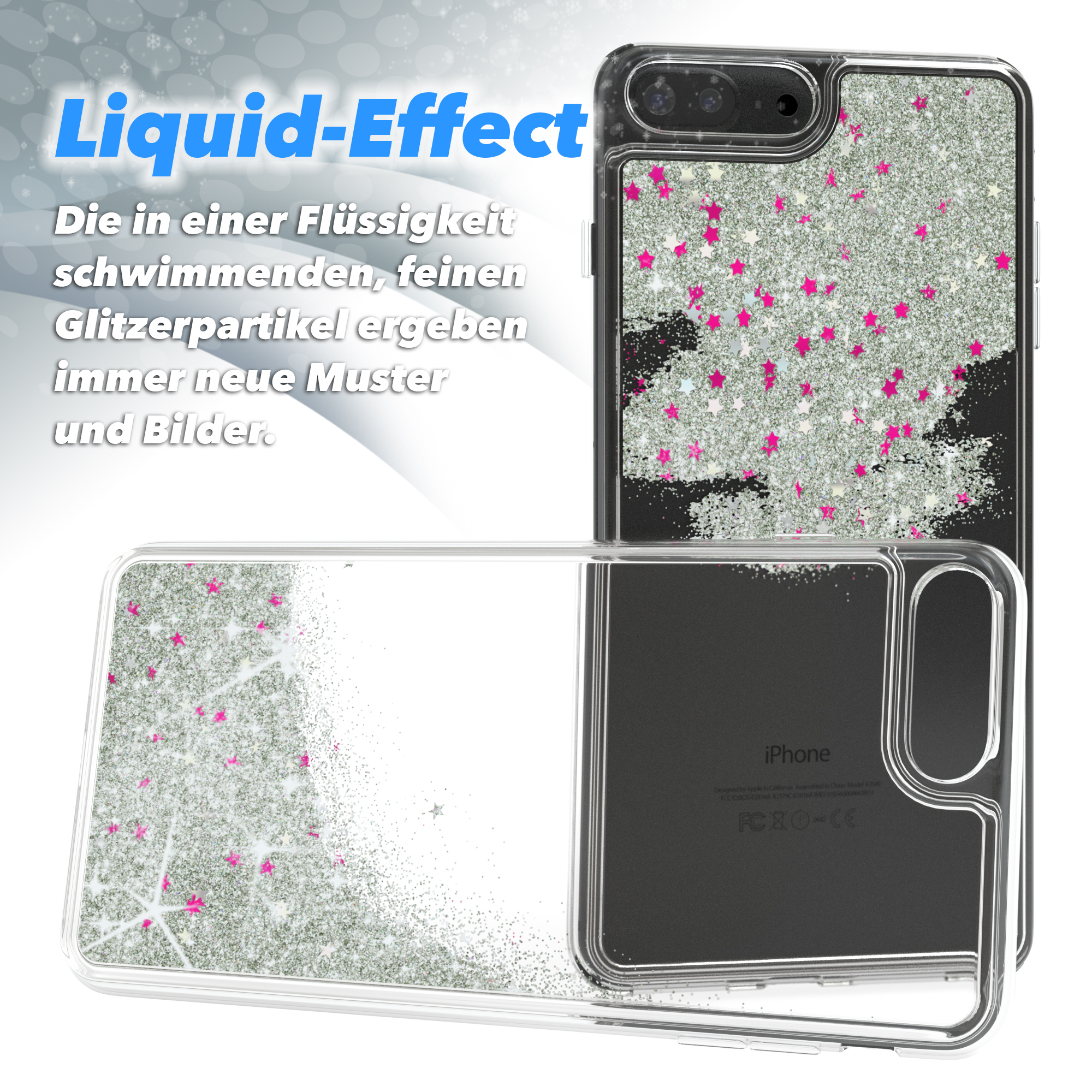 Smartphone-Hülle mit Flüssigkeitsglitter, silbernem Glitzer und rosa Sternen, über einem Telefon.