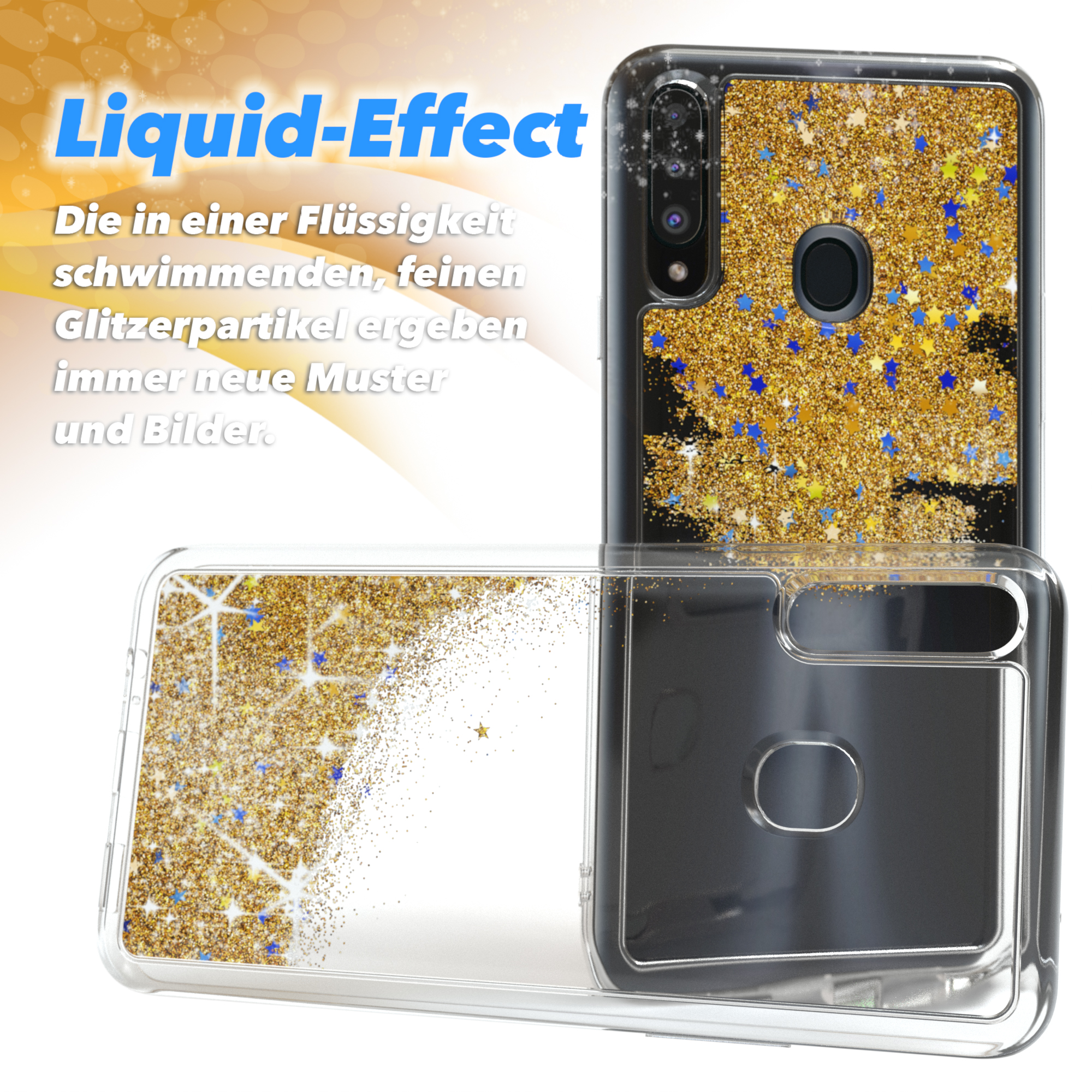 Liquid-Effekt Handyhüllen mit Gold- und Blauglitzer. Eine Hülle ist offen und zeigt Glitzer und Flüssigkeit.