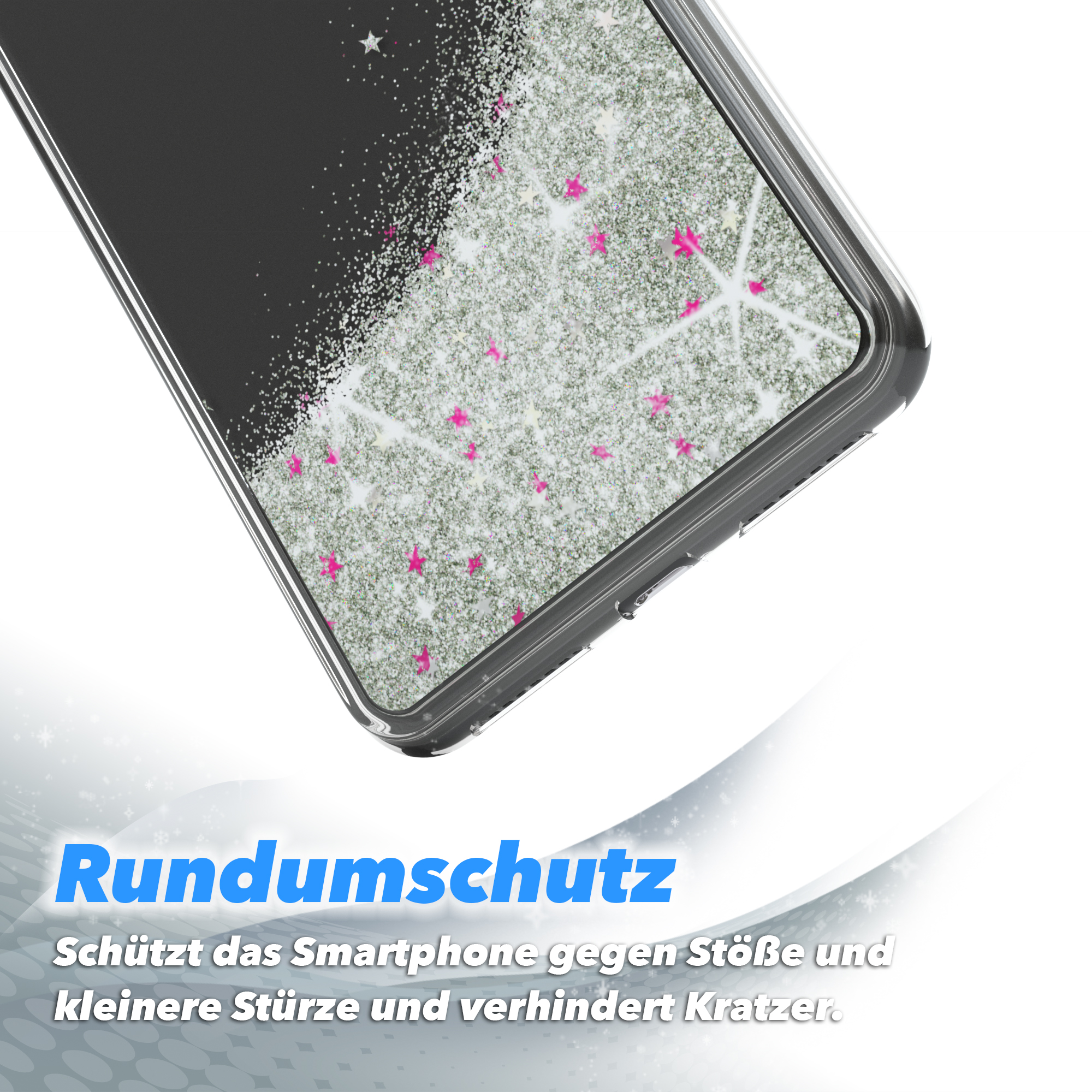 Nahaufnahme einer transparenten Handyhülle mit Glitzer, schützt das Telefon.