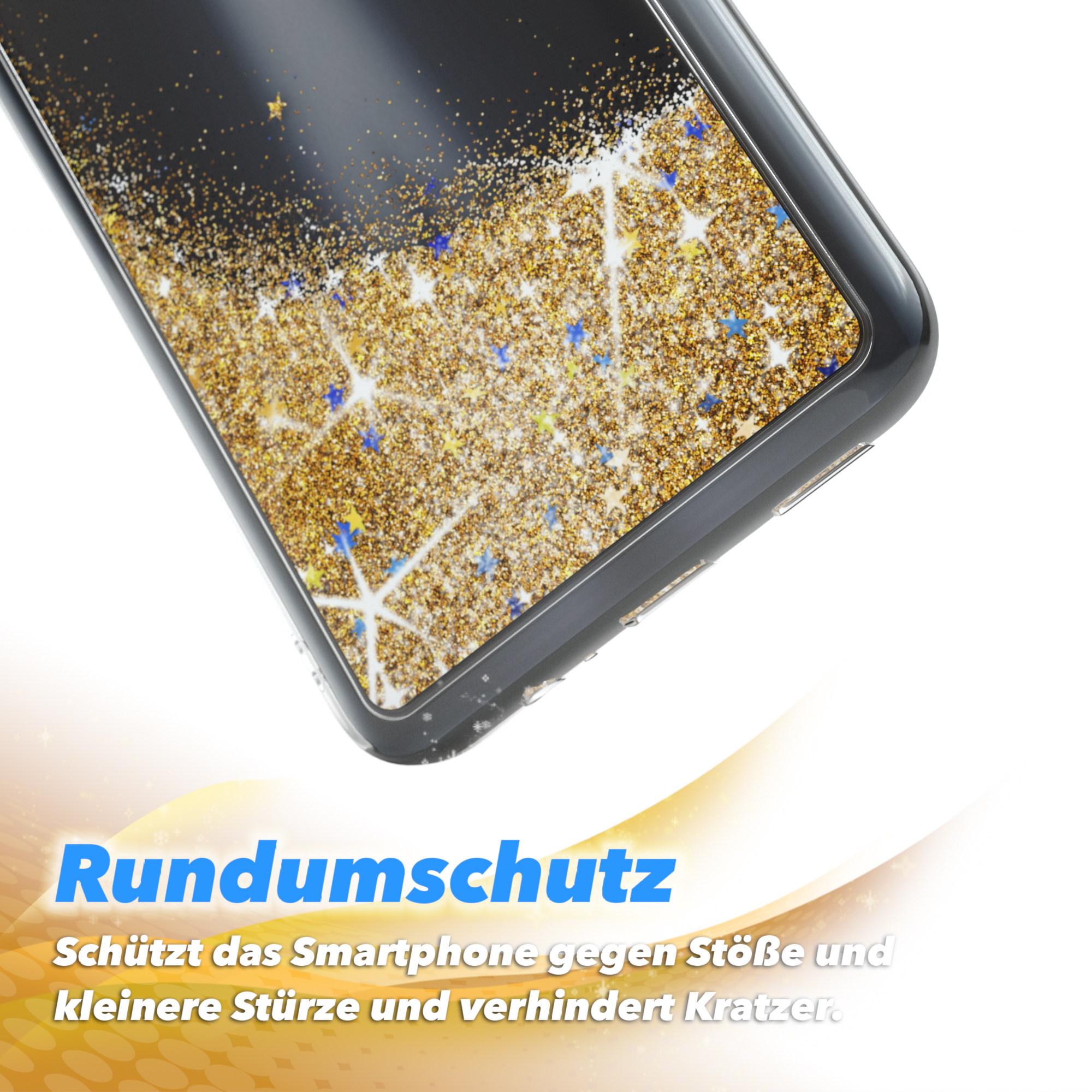 Smartphone-Hülle mit schwarzem und goldenem Glitzer, zeigt Schutz vor Stößen und Kratzern.