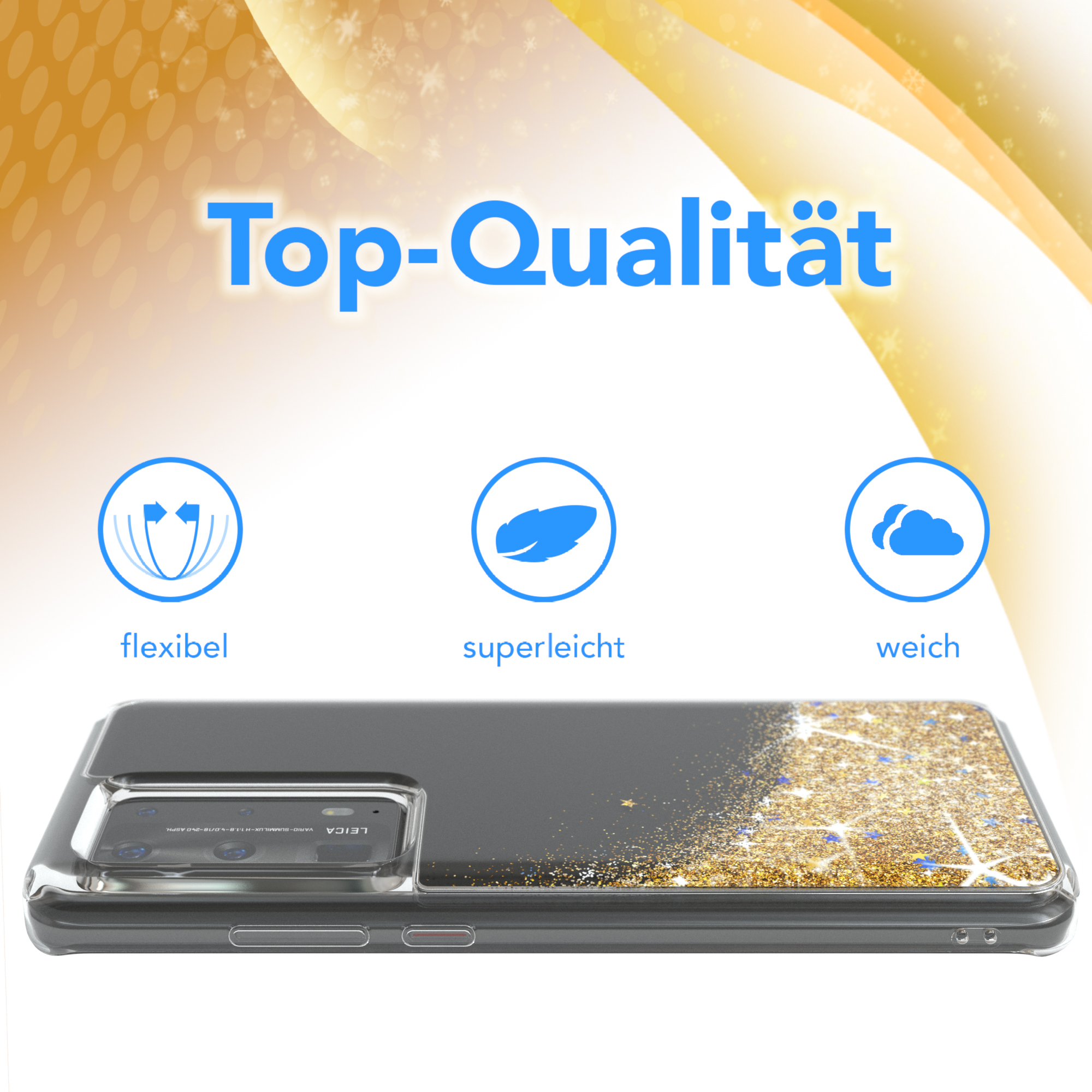 Huawei, Plus, P40 Pro Flüssig, EAZY CASE Backcover, Glitzerhülle Gold