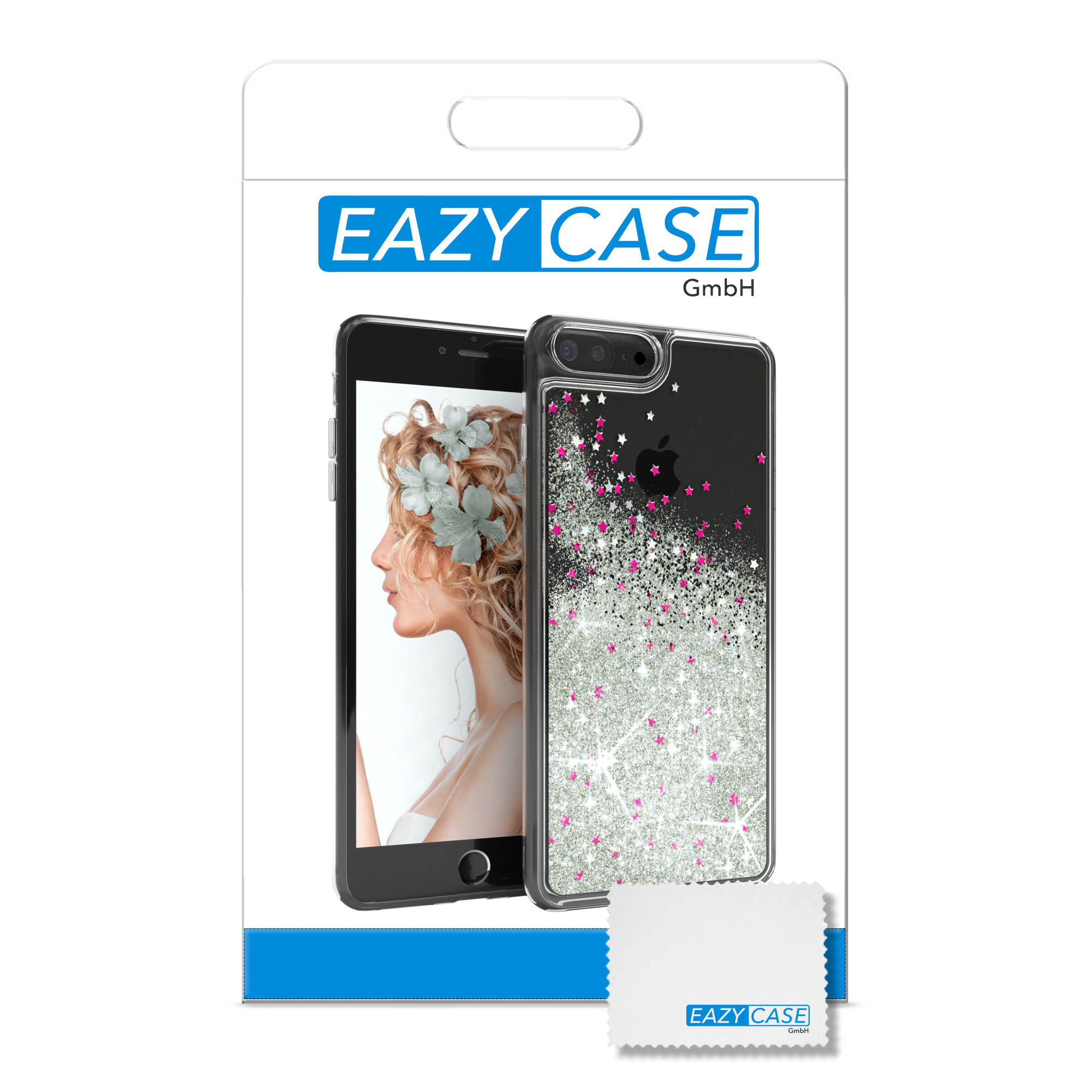 Handyhüllenverpackung mit einem Telefon mit Frauenkopf und einer Glitzerhülle mit Sternen und pinkem Glitzer.