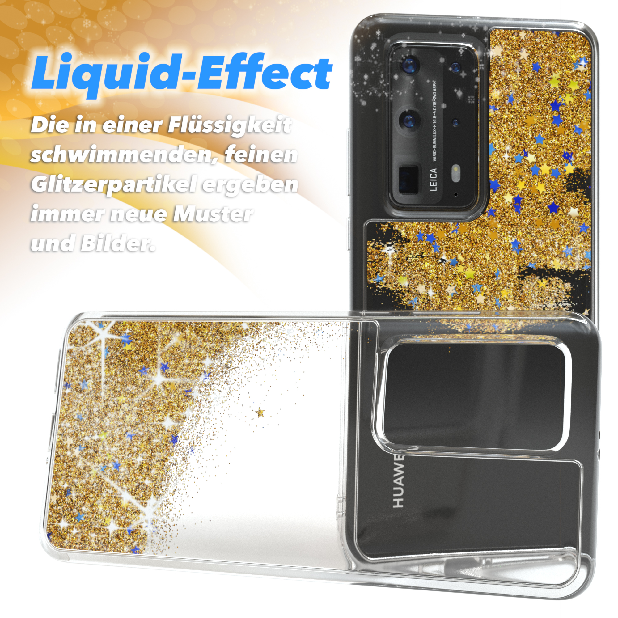 Transparente Handyhülle mit goldenem Glitzer und blau/gelben Sternen auf weißem Grund mit einem Telefon.