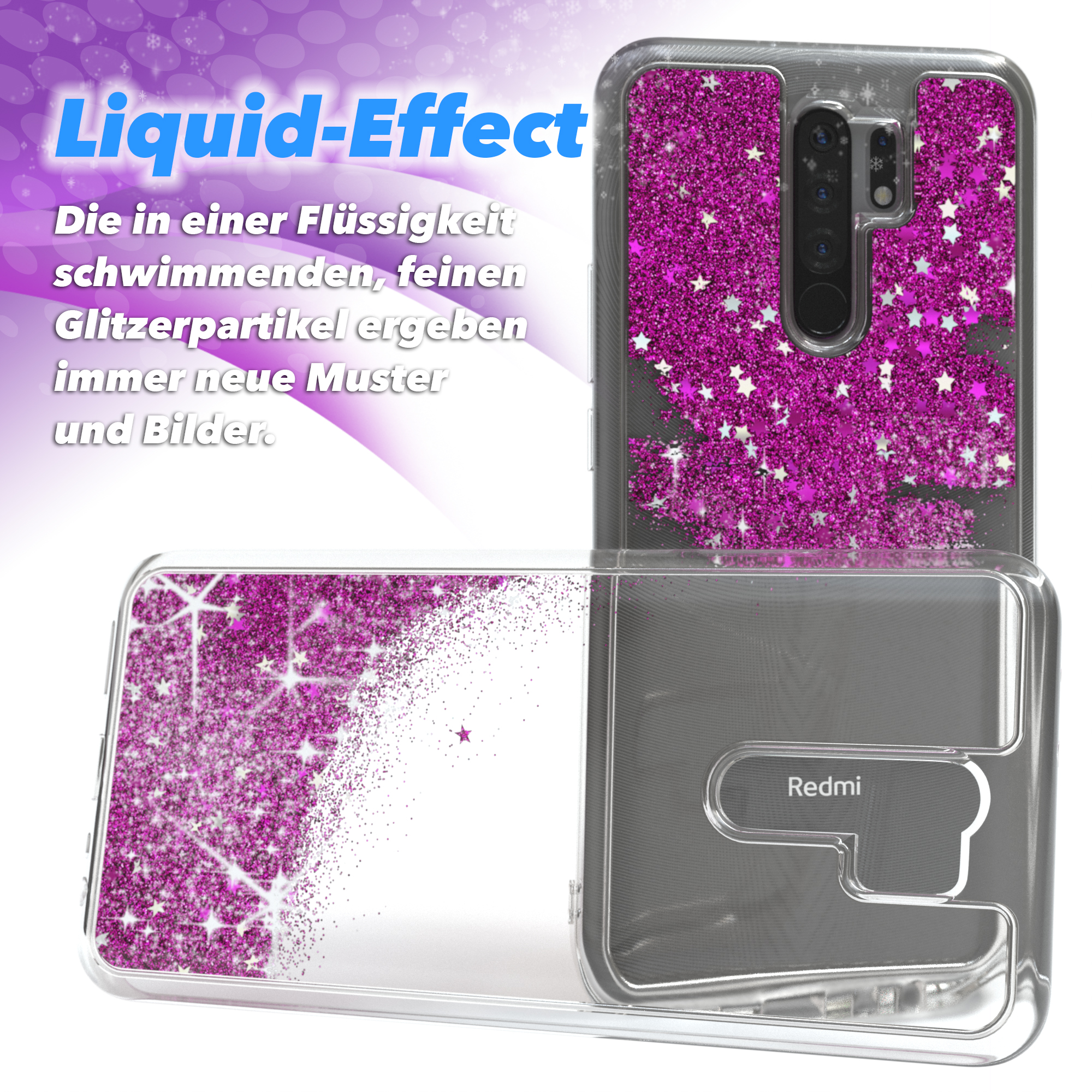 Zwei Handyhüllen mit pinkfarbenem Glitzer. Text lautet Liquid-Effect und Redmi. Der Hintergrund ist weiß und blau.