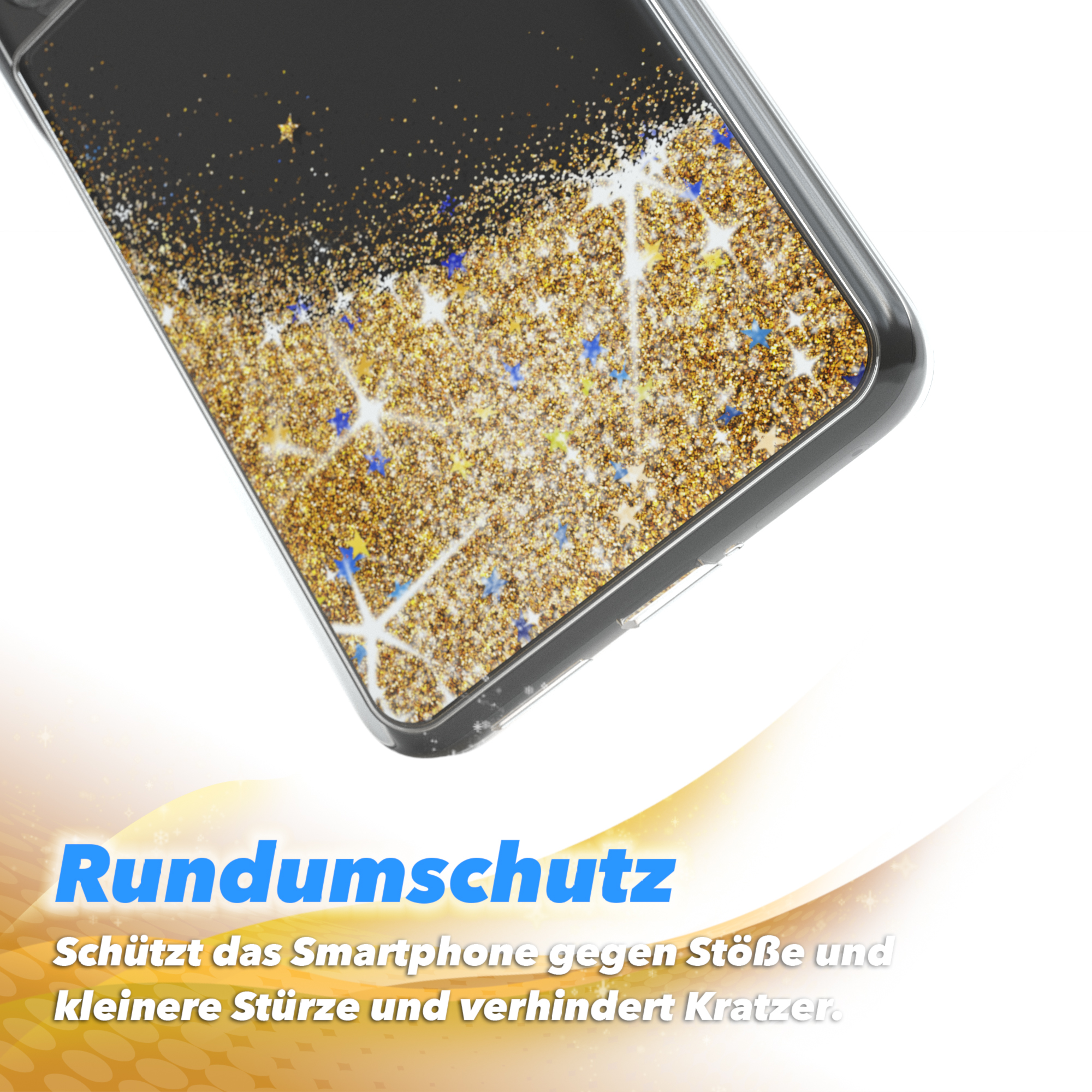 Nahaufnahme der Handyhülle mit goldenem Glitzer und Sternen. Text: 'Rundumschutz', schützt vor Stößen und Kratzern.