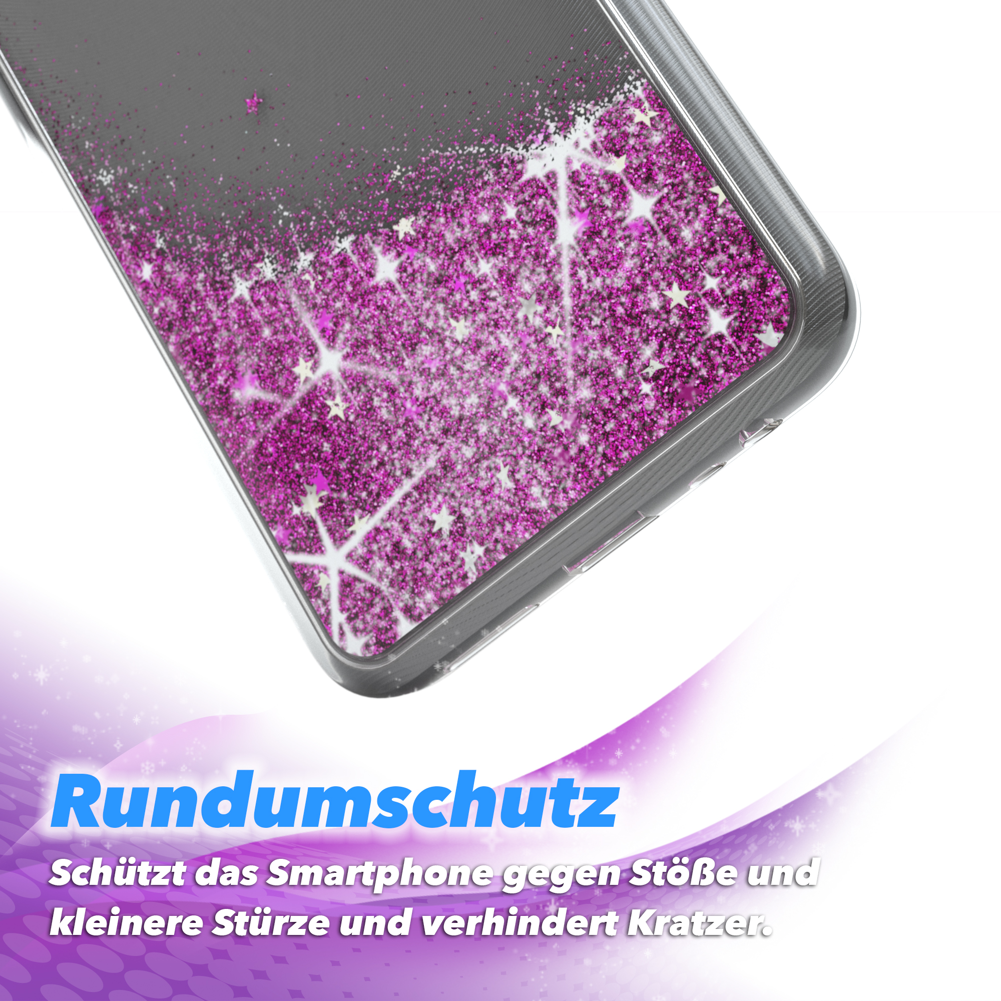 Eine Handyhülle mit Glitzer und rosa Sternen, mit einem Telefon darin. Auf der Hülle steht 'Rundumschutz'.