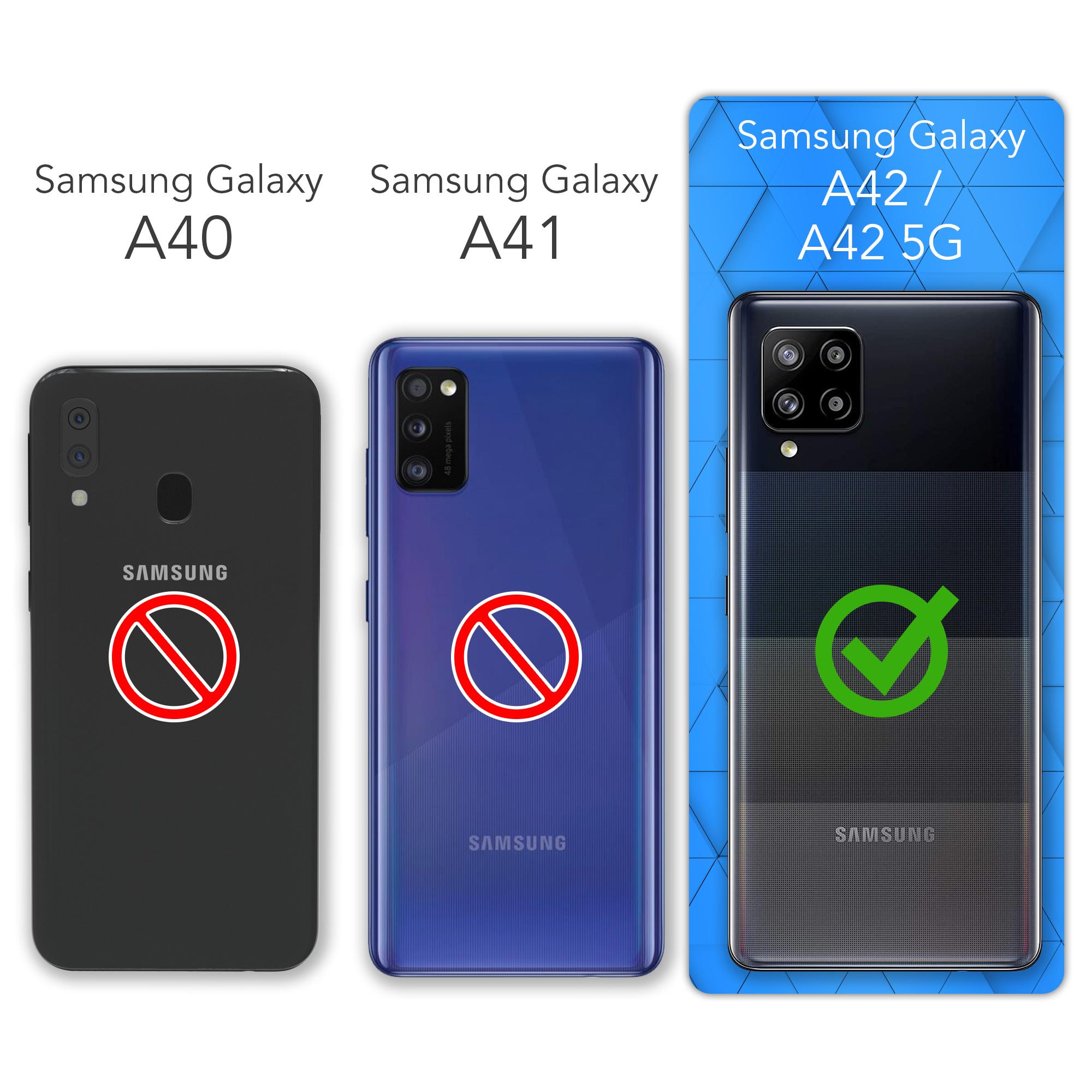 Drei Telefone mit dem Samsung-Logo. Zwei haben rote X's, eines hat ein grünes Häkchen.