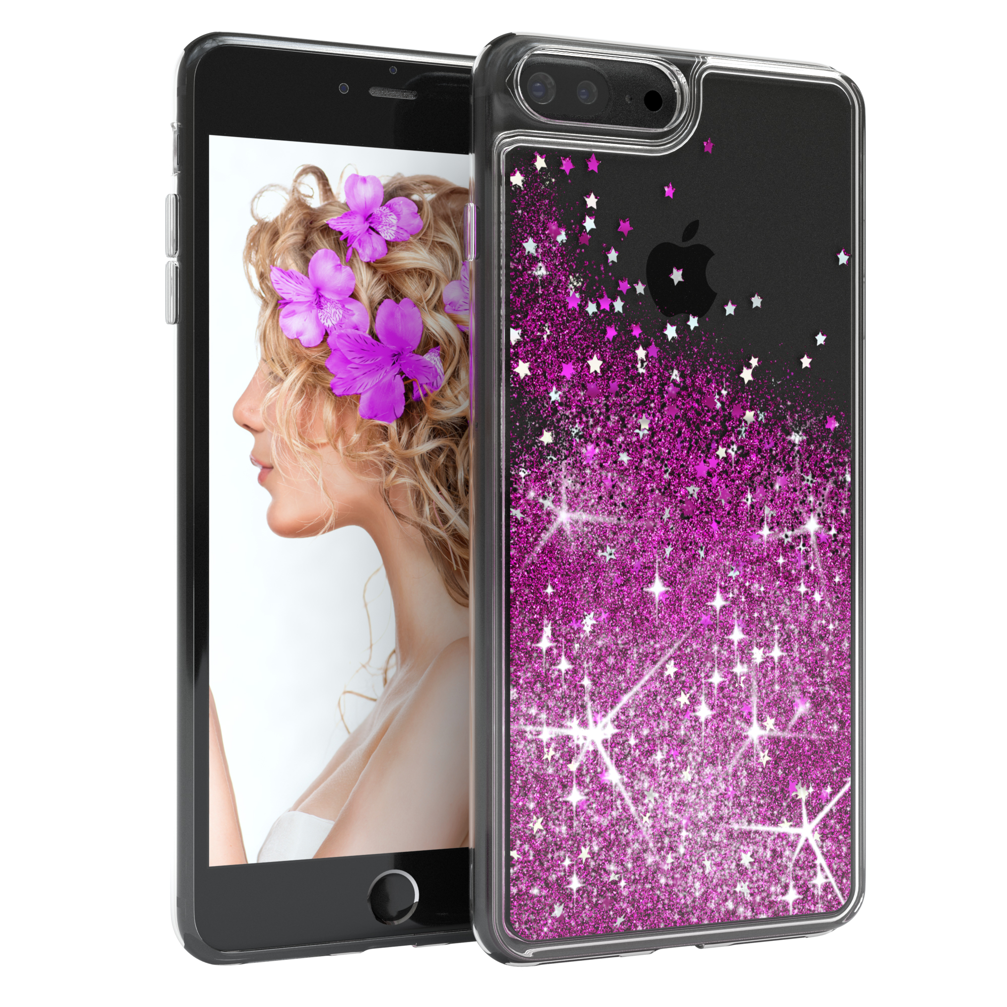 iPhone in einer durchsichtigen Glitzerhülle, mit einer Frau mit lila Blumen auf dem Bildschirm.