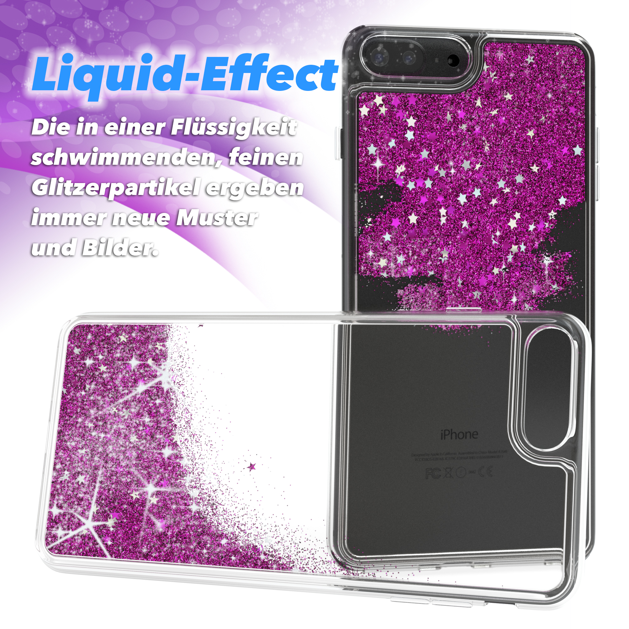 Eine Handyhülle mit Flüssig-Glitzer-Effekt, pinkfarbenem Glitzer und einem Telefon. Der Text handelt vom Flüssig-Effekt.