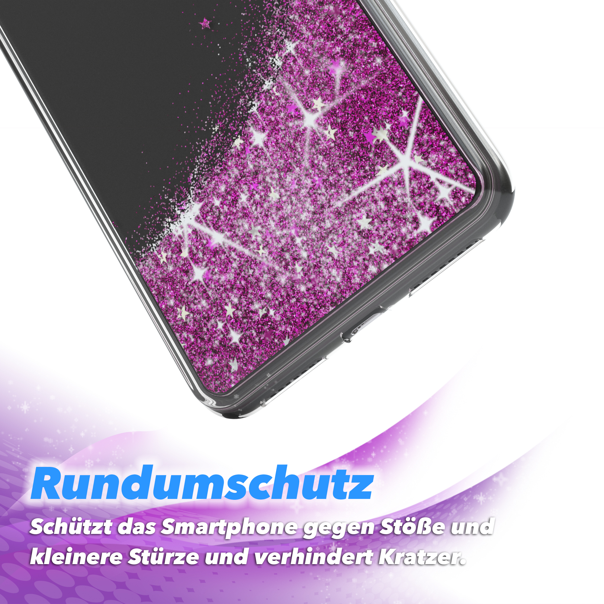 Nahaufnahme der Handyhülle mit rosa Glitzer und Sternen. Text: 'Rundumschutz', schützt vor Stößen und Kratzern.