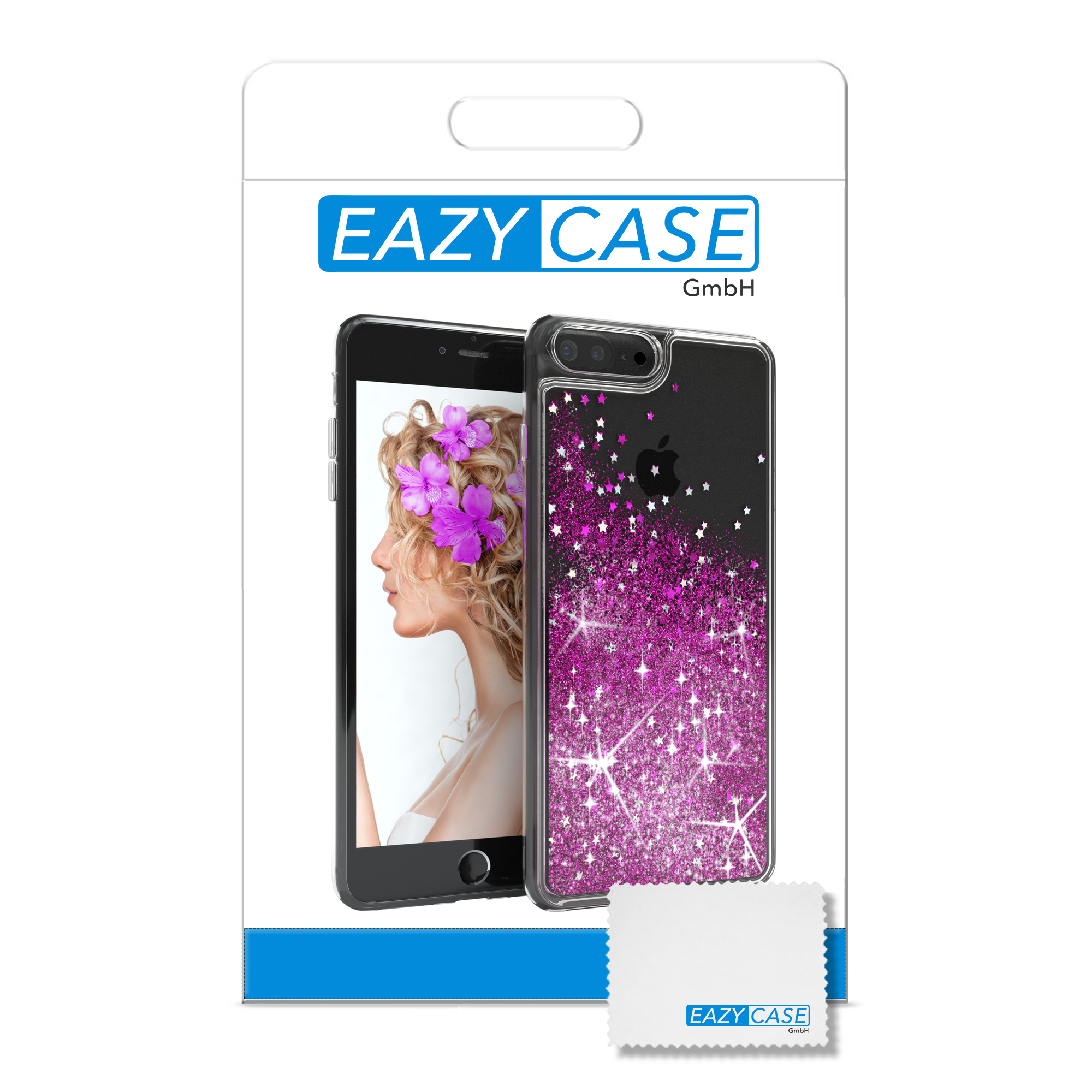 Ein Telefon mit Blumen in einer transparenten Hülle und ein Reinigungstuch. Die Hülle befindet sich in einer weißen Verpackung.