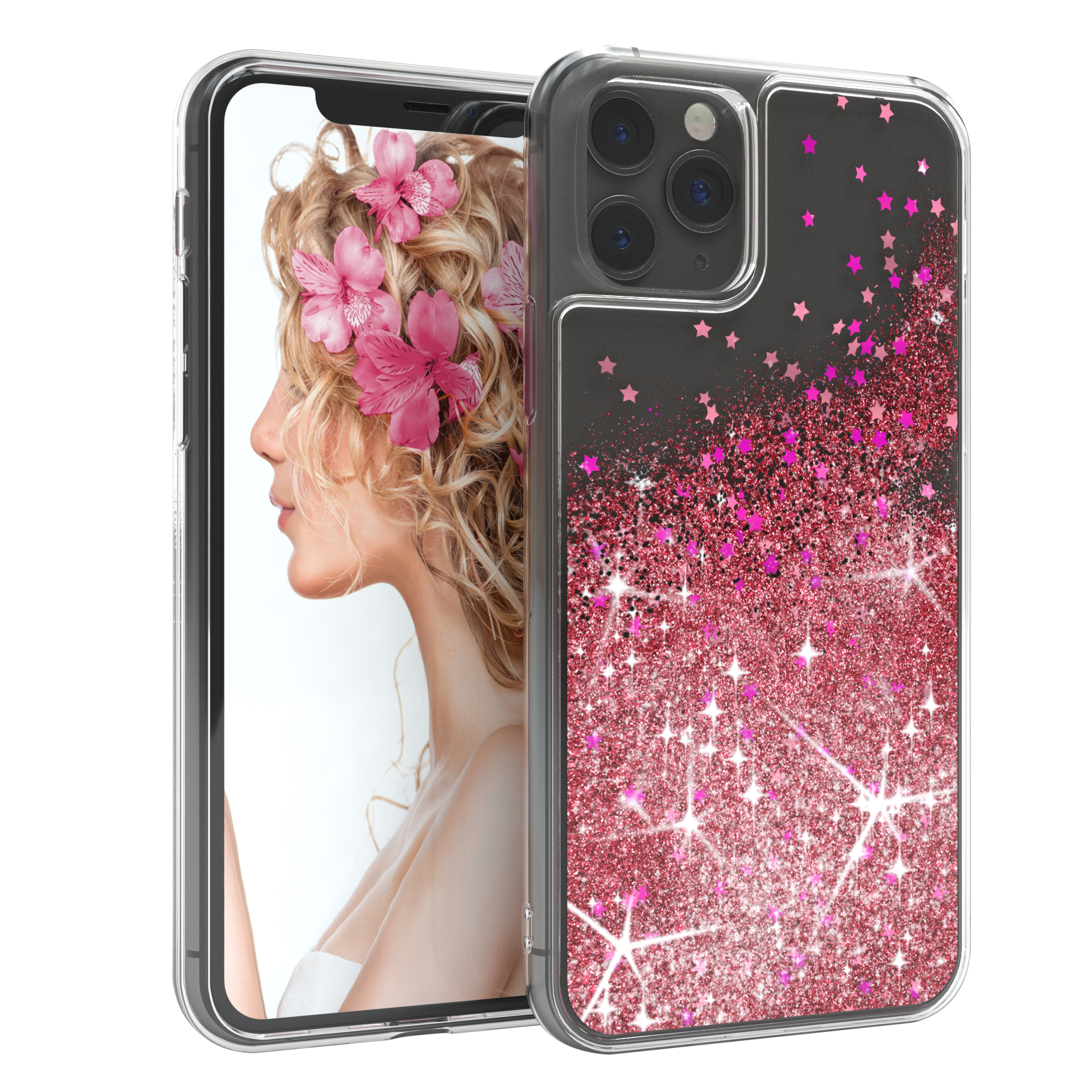 Ein Telefon in einer Hülle mit Glitzer. Eine Frau mit Blumen im Haar ist auf dem Bildschirm.