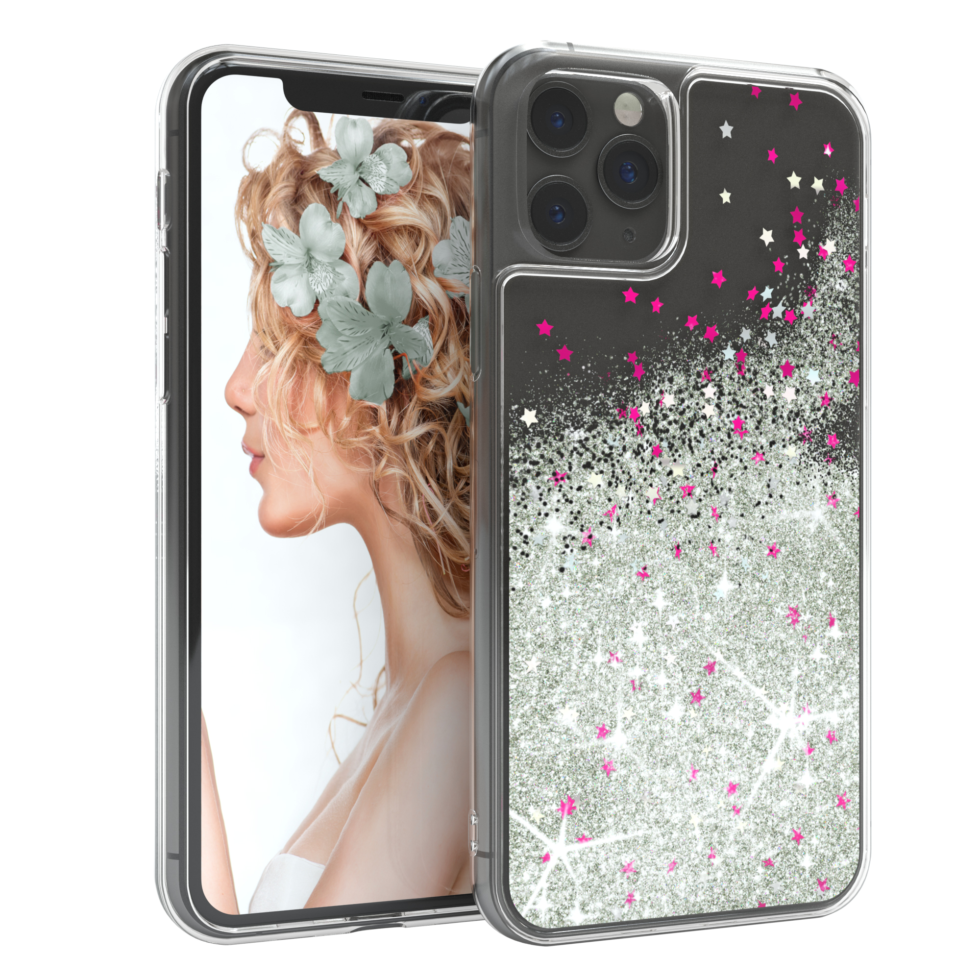 Handyhülle: Frauengesicht mit Blumenkrone, Glitzer- und Sternenhintergrund. Transparente Hülle.