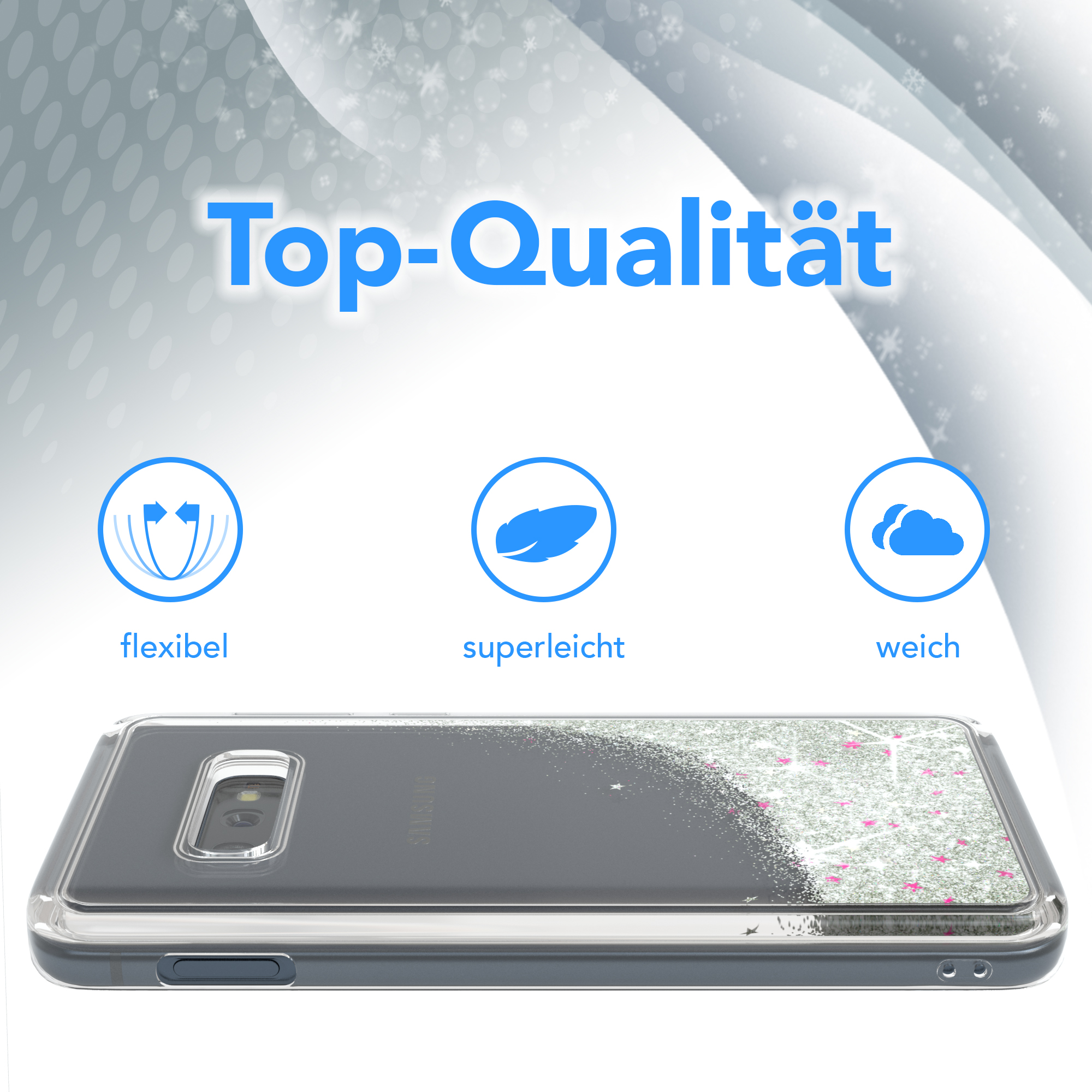 Transparente Handyhülle mit Glitzer, ein Telefon darin und Symbole für Flexibilität, Leichtigkeit und Weichheit.