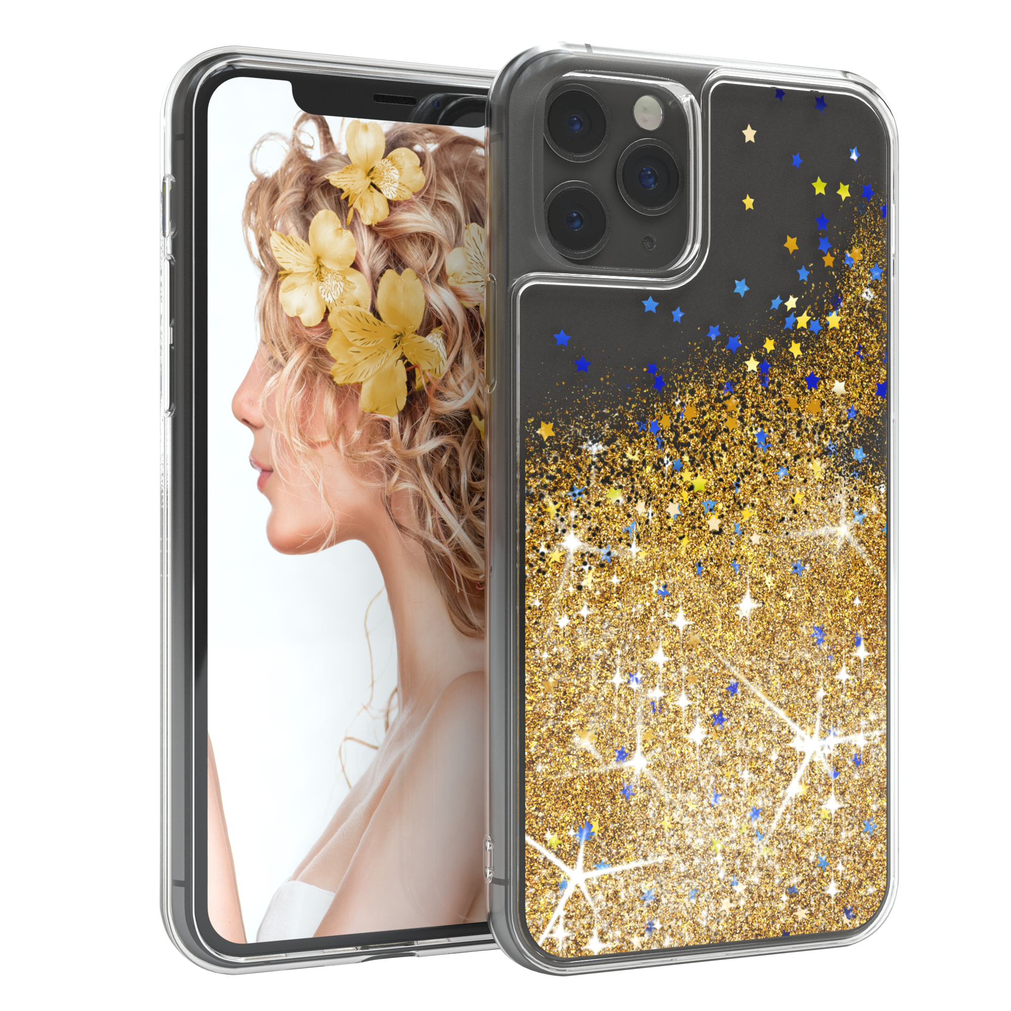 Telefon in einer Hülle mit Profil einer Frau und Goldglitter. Klare Hülle mit Gold- und Blauglitter.