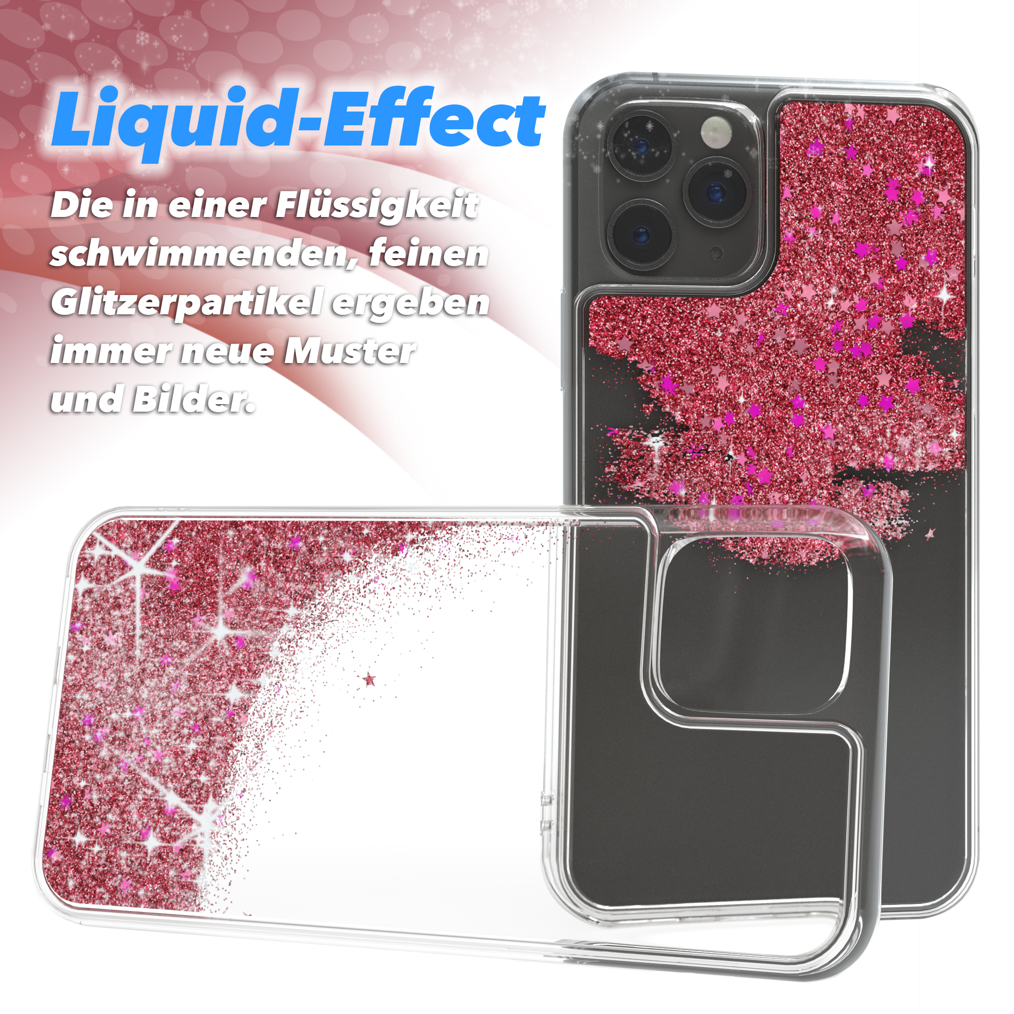 Handyhülle mit rotem Glitzereffekt, zeigt einen Flüssigkeitseffekt.