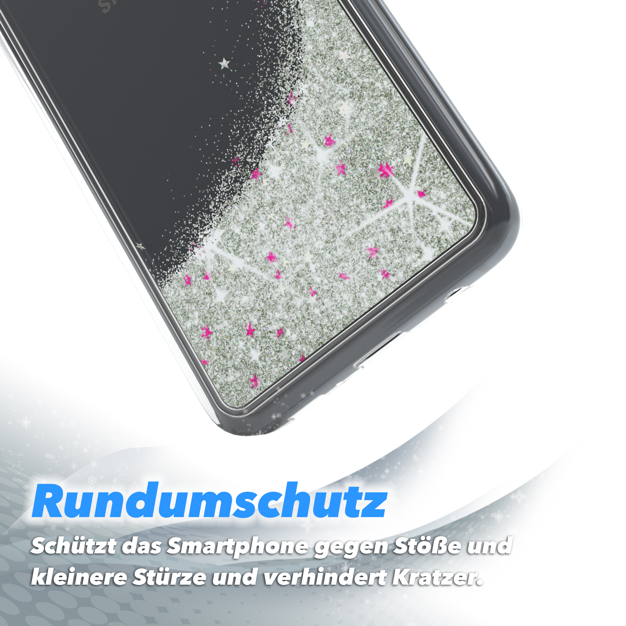 Glitzernde Handyhülle mit rosa Sternen. Die Hülle liegt auf einer weißen Oberfläche.