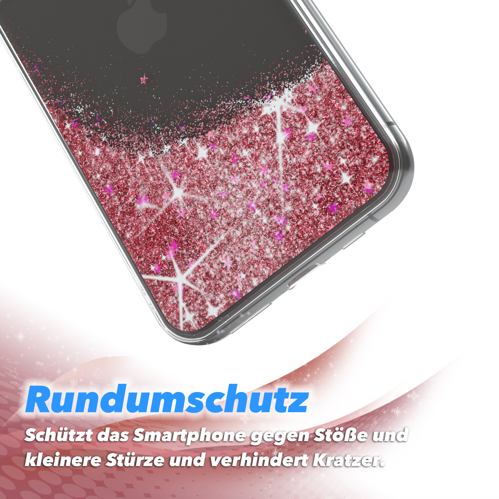 Nahaufnahme einer Handyhülle mit rosa Glitzer. Weißer Hintergrund mit geschwungenen Linien und Sternen.