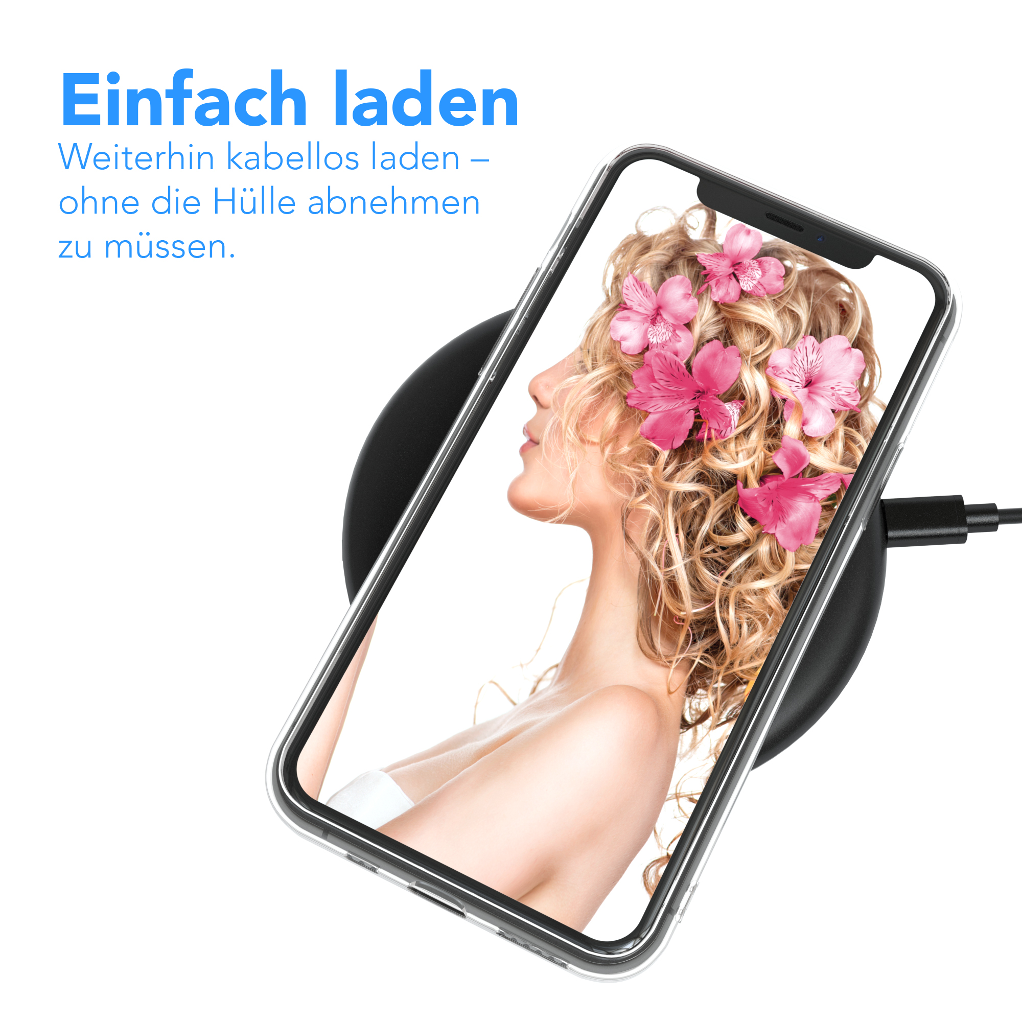 Ein Telefon, das auf einem kabellosen Ladegerät geladen wird. Auf dem Bildschirm des Telefons ist ein Frauenbild zu sehen.