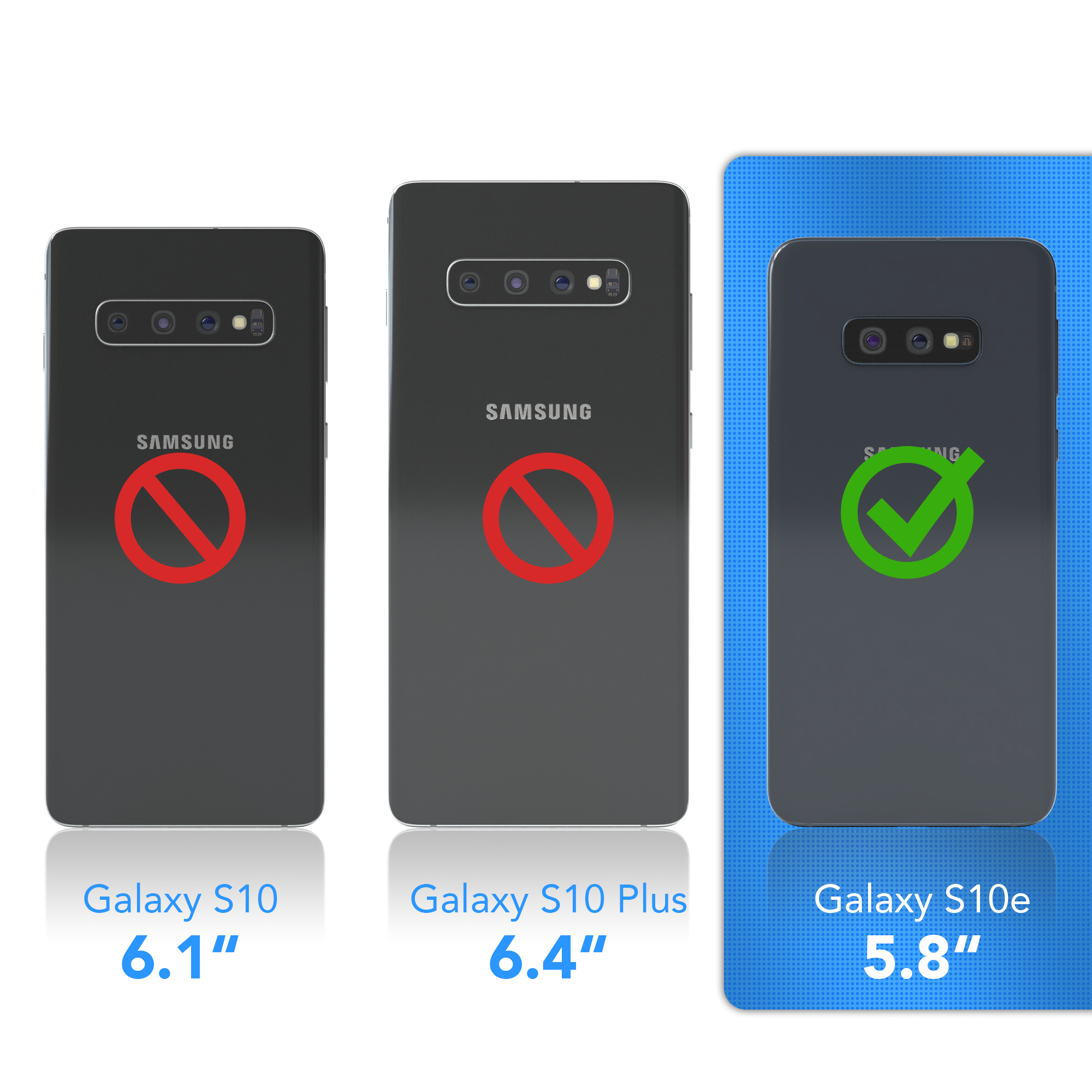 Drei schwarze Telefone, wobei das Modell Samsung Galaxy S10e mit einem grünen Häkchen markiert ist.