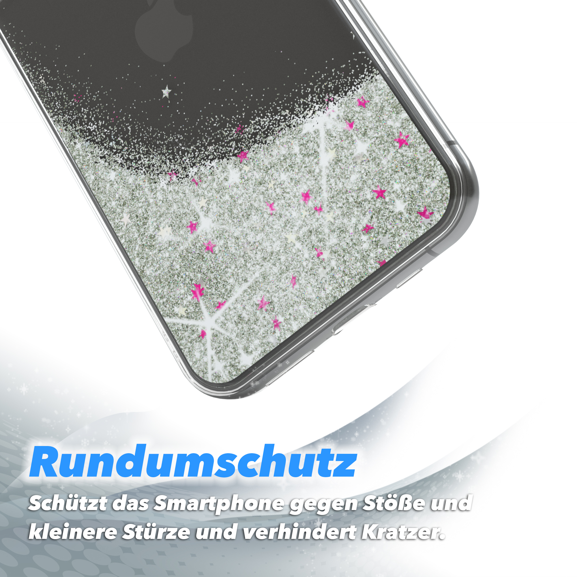 Handyhülle mit Glitzer und Sternen. Transparente Hülle mit Text unten.