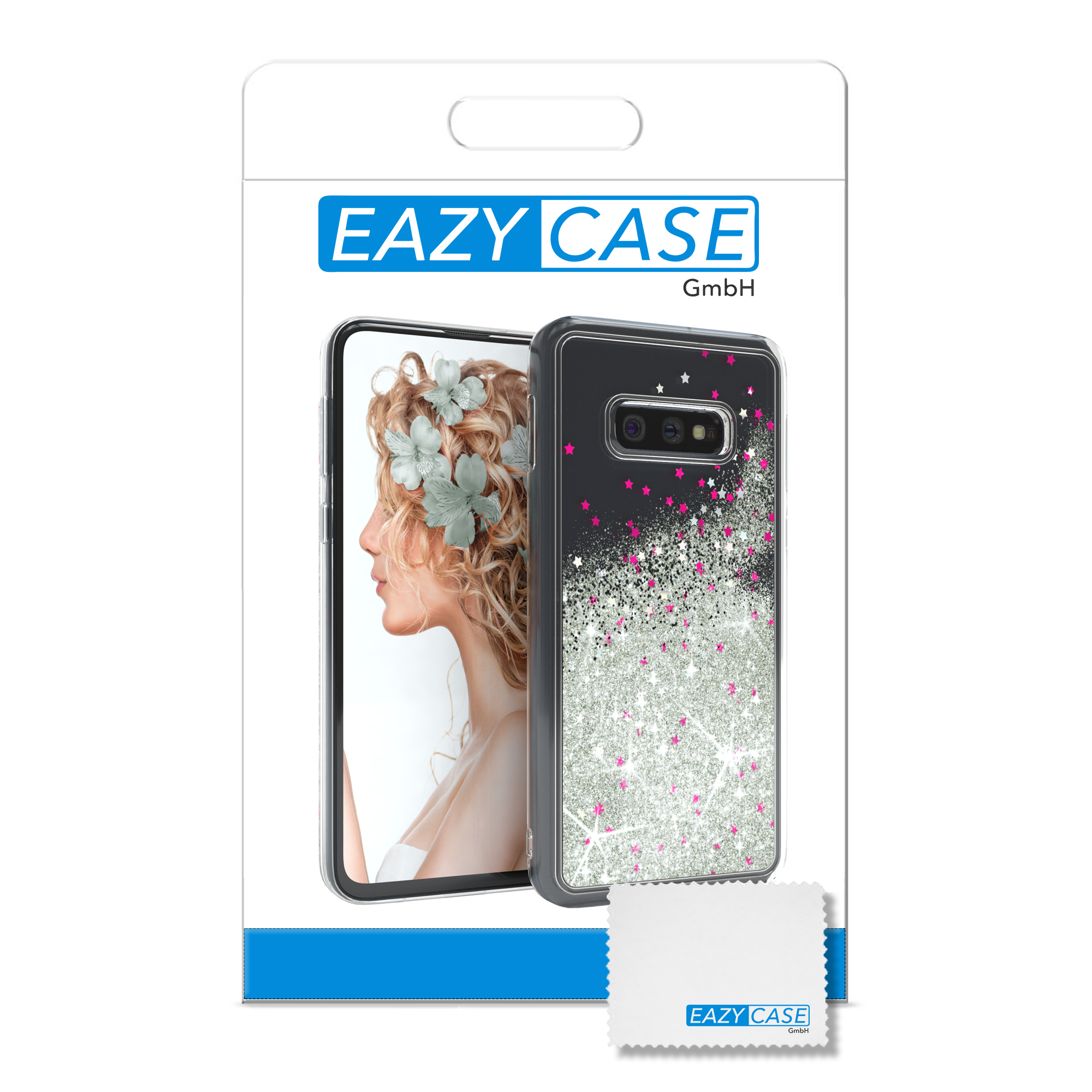 Telefonhüllenverpackung mit einem Telefon und einem Reinigungstuch.